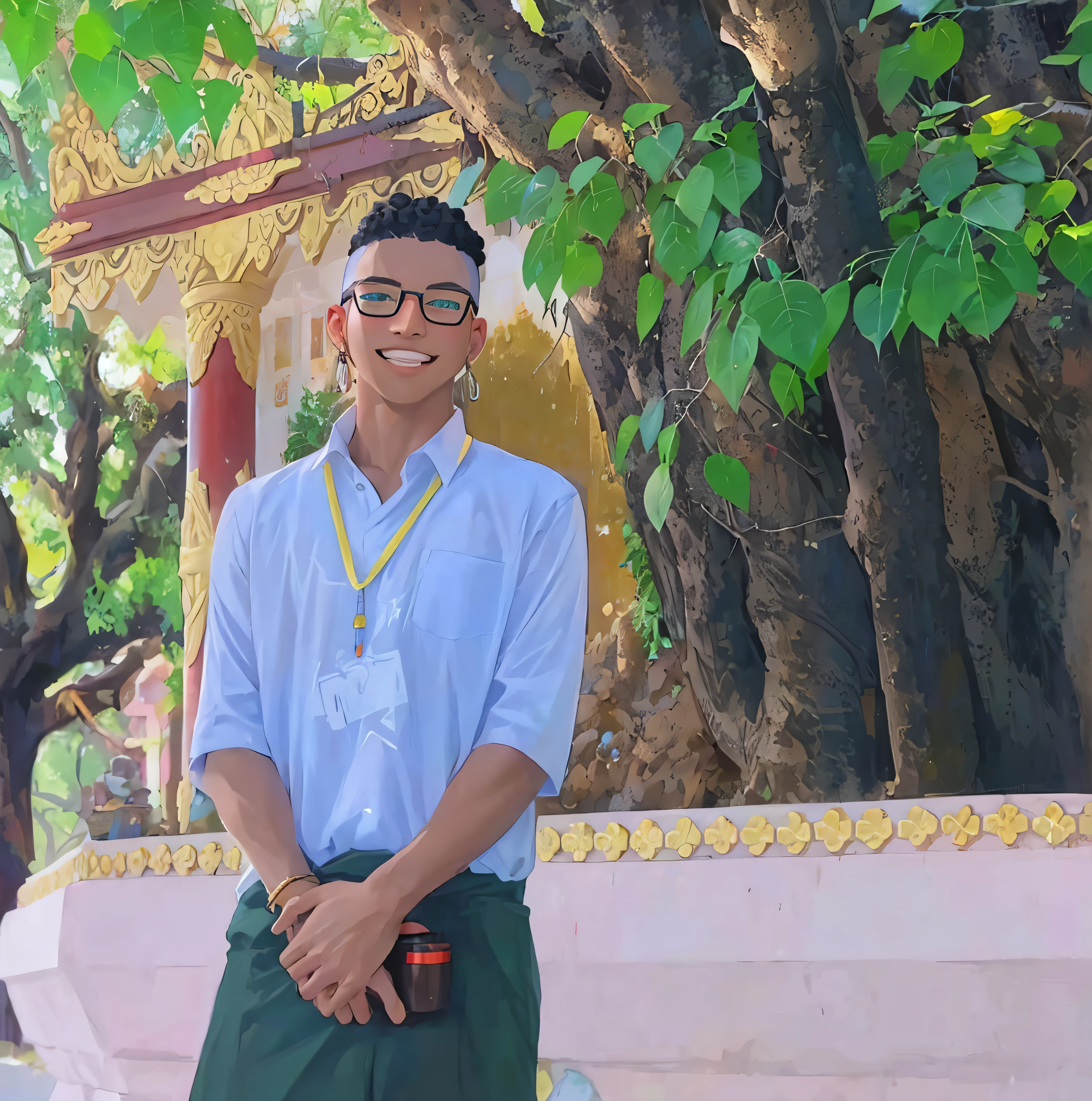 wearing a white t-shirt. Styled with an undercut afro hairstyle, Dense formation of corkscrew curls photorealistically rendered in bold 8K detail. Depicted in vibrant anime art style with dramatic lighting. Sparkling eyes peeking over the rims of his glasses. Relaxed friendly expression. Background softly blurred to keep focus on him