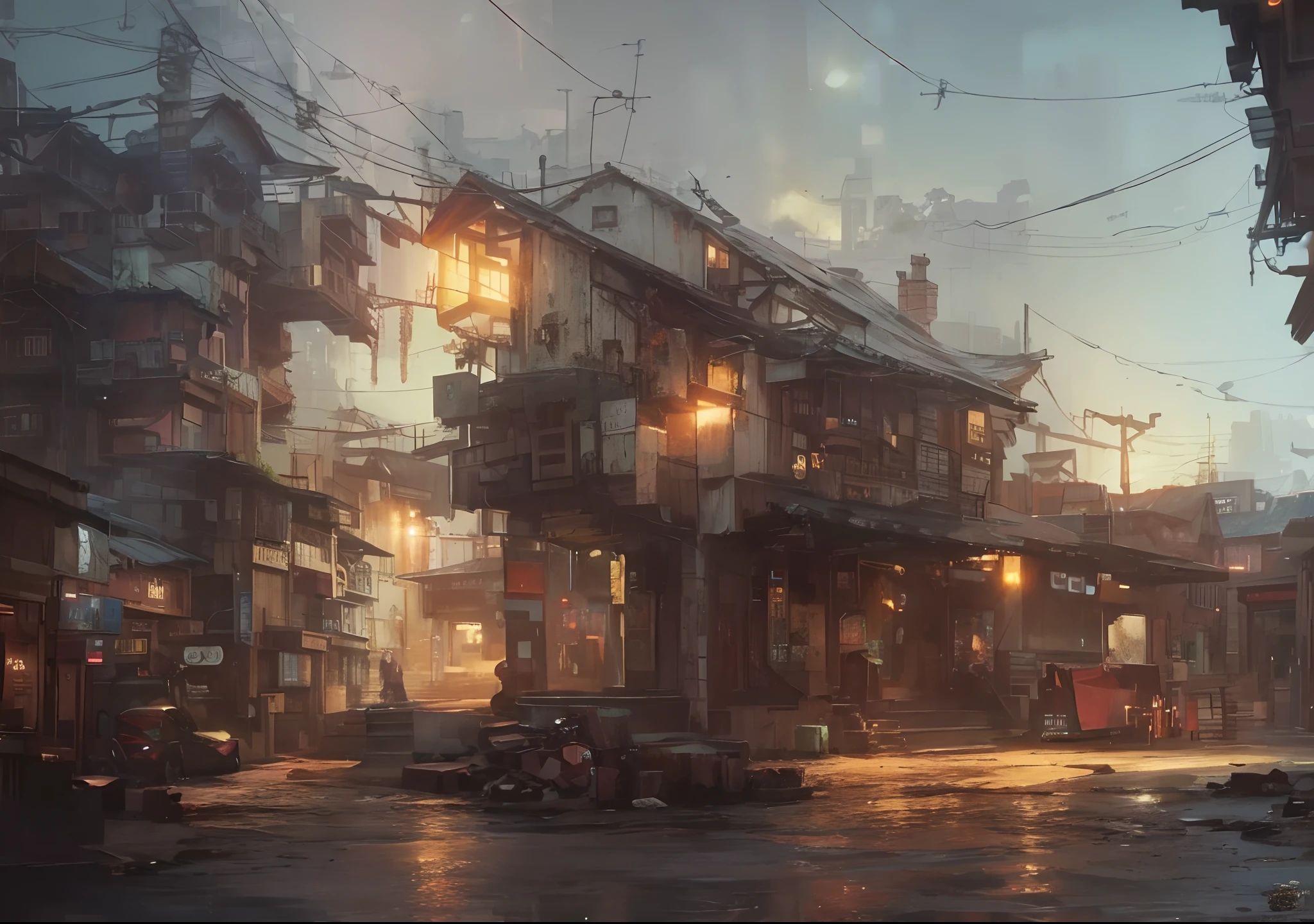 Village，cyber punk perssonage，There can be no one in the scene，（softlighting），，（tmasterpiece，best qualtiy：1.4，8K，Hyper-detailing，illustratio，distinct_image，Intricate_Details，Exquisite illustrations），（Realistis：0.15），