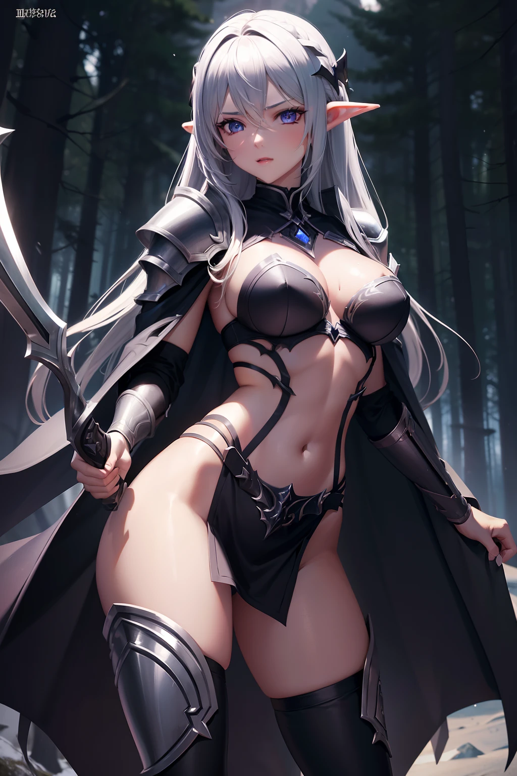 dark elf, chest plate, holding bow, armor skirt, less cloth, silver main colour, second layer clothing is coat, no underwear, sexy aura, perfect body shape, medium size breast, bleeding, dark forest background, wet body detail, solo, original character