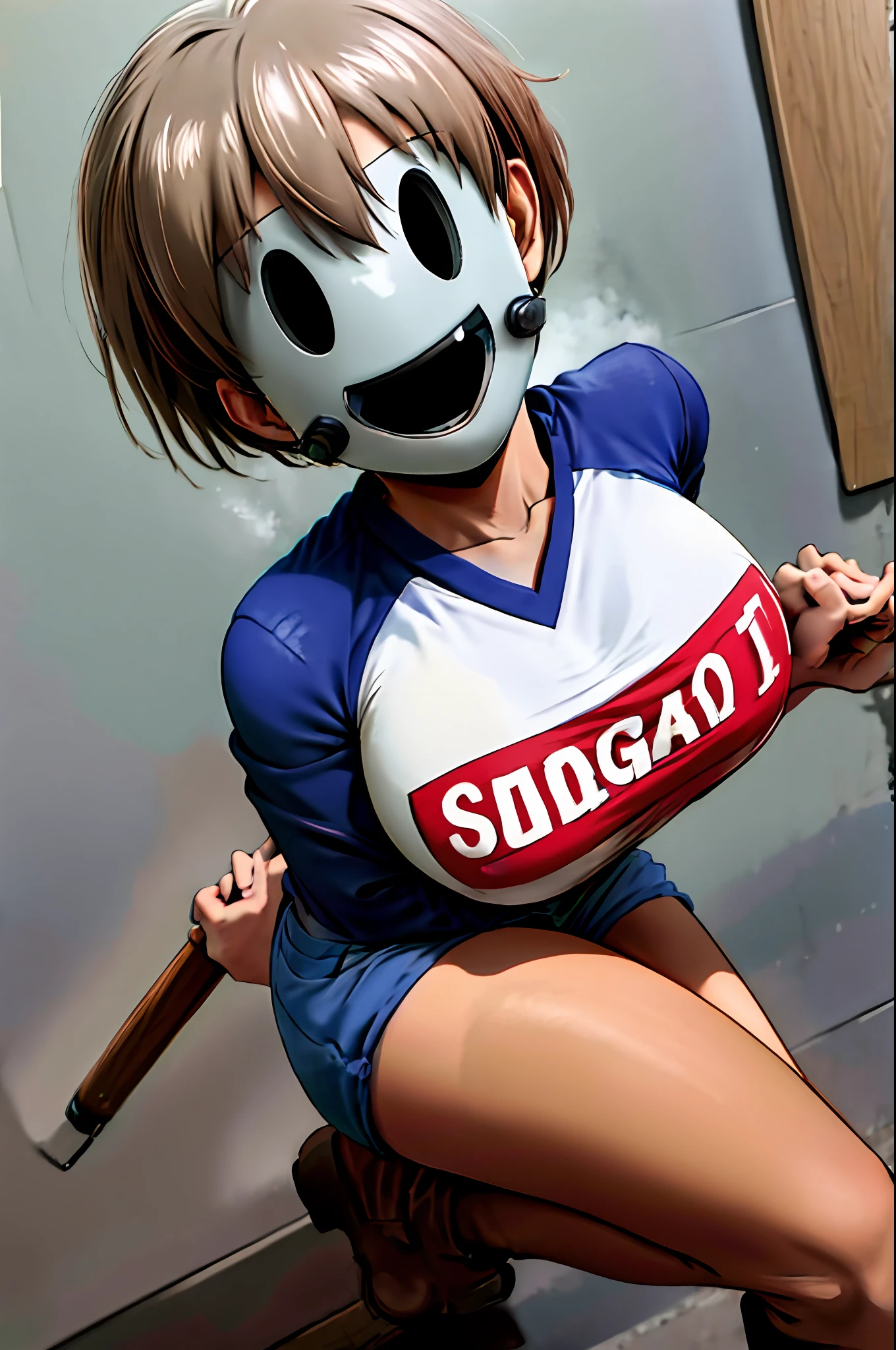 masterpiece, best quality, highres, uh1, shirt, raglan sleeves, romaji text, clothes writing, collarbone, long sleeves, denim shorts, dark grey pantyhose, fang, smile, manga coloring, standing, brown short boots, big breasts, (highrise_mask)