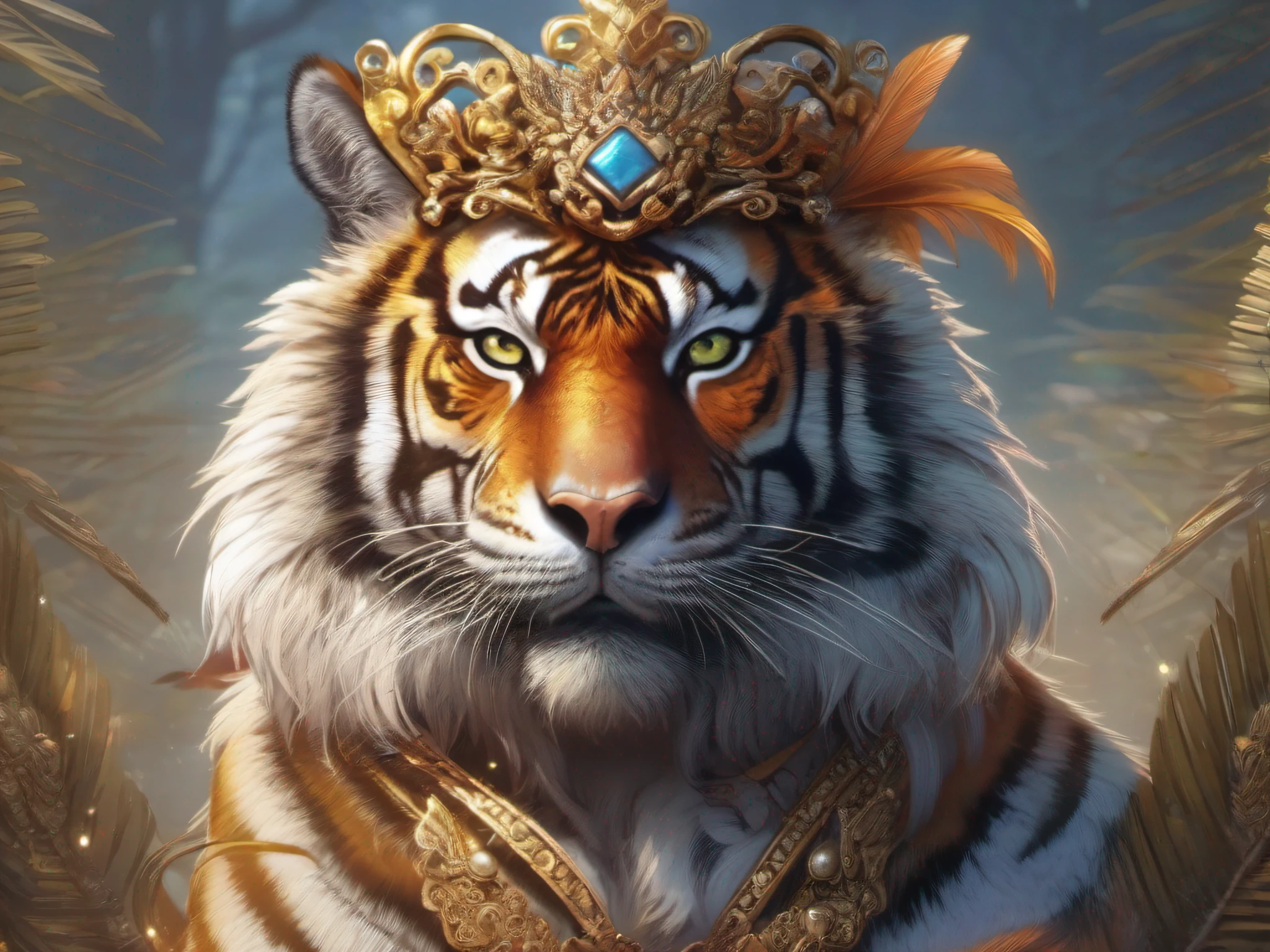 There is a tiger with a feathered crown on its head，Wear a feather crown, sacred tiger, Tiger_beast, intricate ornate anime cgi style, ((Tiger)), intricate digital painting, Anthropomorphic tiger, Digital painting | Intricate, by Yang J, high detal), Detailed digital anime art, 4k highly detailed digital art, author：Chen Zeen