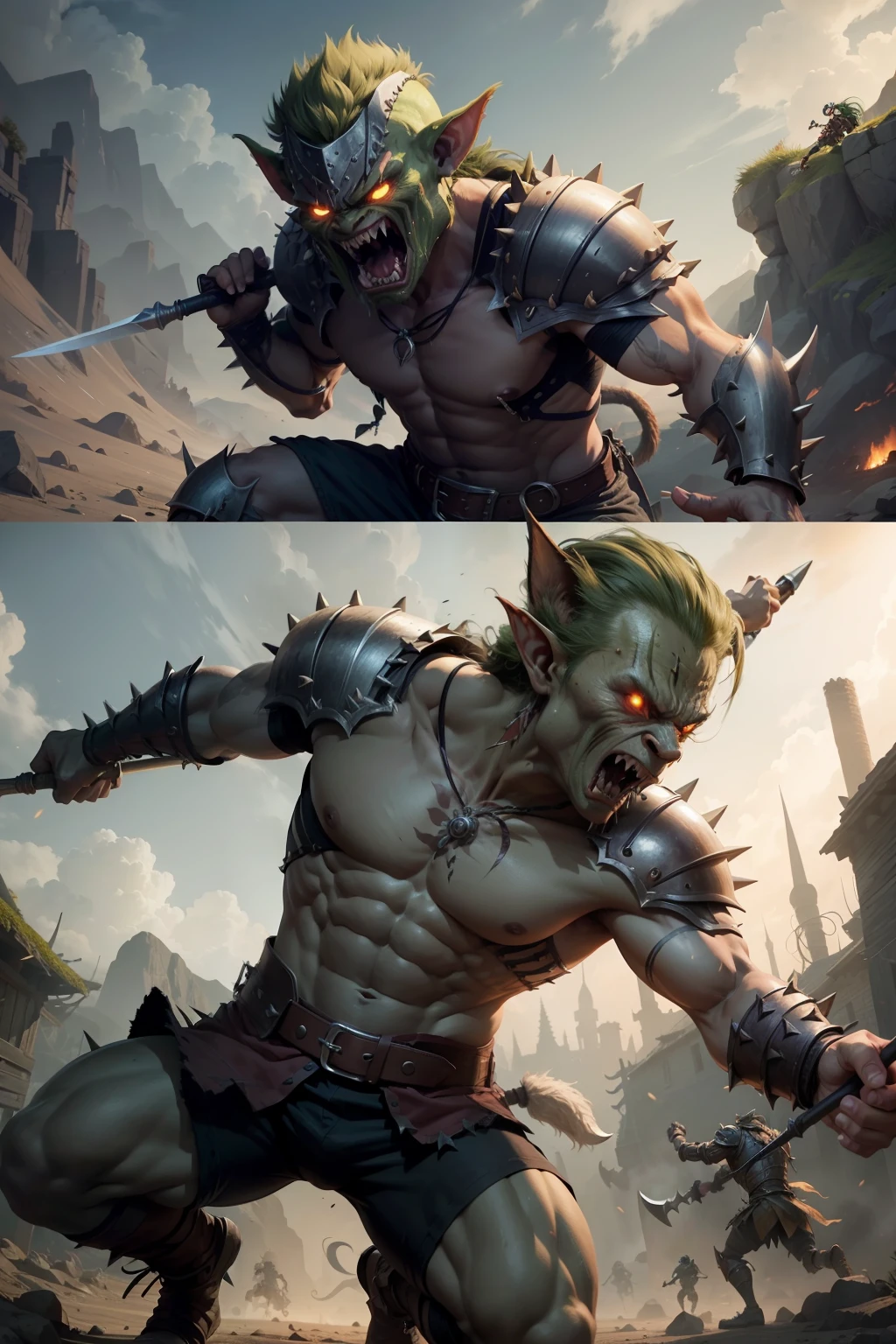 A fierce goblin warrior wielding a spiked club in battle, wearing ragged armor, jumping and swinging weapon at enemy, very detailed muscles and skin textures, facial expressions full of determination