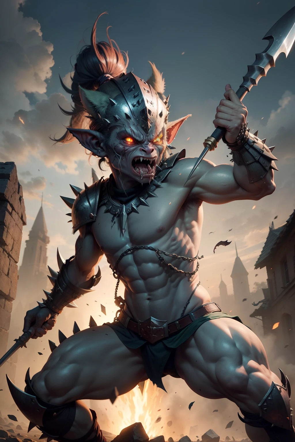 A fierce goblin warrior wielding a spiked club in battle, wearing ragged armor, jumping and swinging weapon at enemy, very detailed muscles and skin textures, facial expressions full of determination