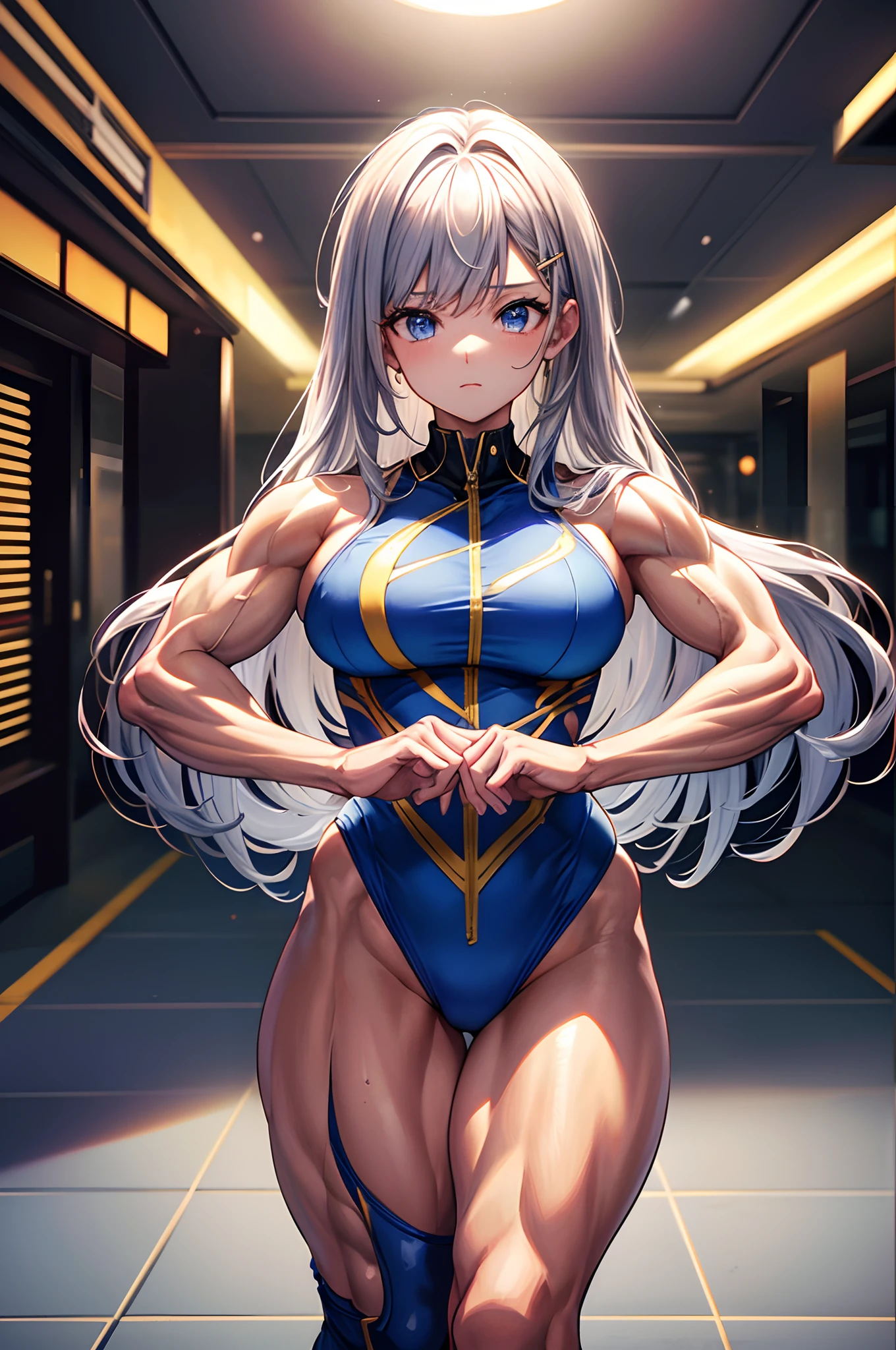 (BEST lighting) , (ultra intricately detailed) , 4K unification, (super-detailed CG: 1.2) , (8K: 1.2),(Original), (Masterpiece) , (Best quality),(Masterpiece:1.4),Anime-ish high quality,(Masterpiece),Masterpiece, Super clear picture quality,Clearer than movies,(Fine face)Best quality, absurderes,((masterpeace, 4K, 8K, Yes, A high resolution))1girll, girls,She was in the dance studio,standing on your feet,Leaning sideways,Exposing the abdomen,gymnastic suit,There are bulges of dense veins on the arms,Spring, Boots, Perfect figure, Long silver hair, Dynamic pose,Legs exposed,Strong leg muscles ((body builder:1.5)),Gymnastics studio background,(Beautiful bace),(Girl),(Female),(((Upper body:1)))