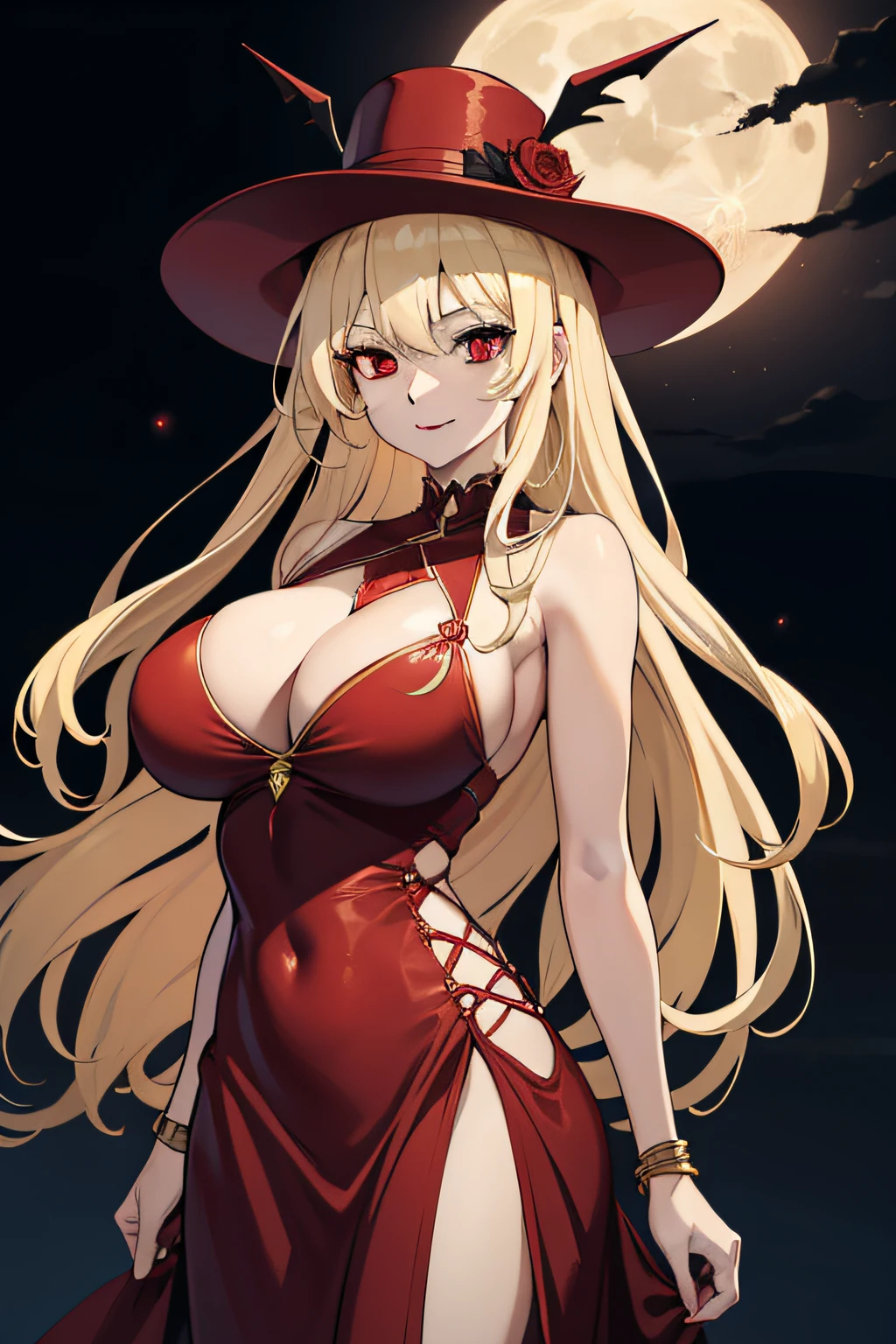 1girl, ((red eyes)), straight blonde long hair, red low cut dress, superb, sadistic smile, high quality, sexy, tall, full moon background, big breast, mature woman, elegant, with fine jewelry, looking at viewers, large hat,