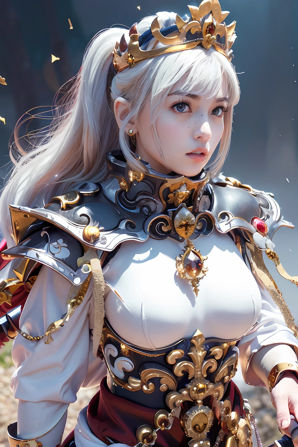 Professional , ​masterpiece、top-quality、photos realistic , depth of fields （Gemstone White Metal Body:1.９),(Matte White、Jewel Gold Weapon（Jewel Metal Body:1.４),Gorgeous metal weapons ,（（ Detailed and gorgeous sword of the brave）） ,Light Effects、intense fighting、Wind-effect、magic circles、 (A dark-haired)  ,warhammer 40k ,Detail and ornate jewel crown、（（Micro Bikini Armor））、（（Gangle's forest background））、Beautiful Caucasian beauty、１a person、dynamic ungle,(((Detailed and ornate diamond crown)))、Smaller head、A smile、Background inside the castle、Thin and beautiful female hands、cleavage of the breast、Soldier in iron armor on background、Mystical expression、Light Effects、intense fighting、Wind-effect、magic circles、With the legendary magic wand、（wings of light）、Toostock、Anatomically correct body、
