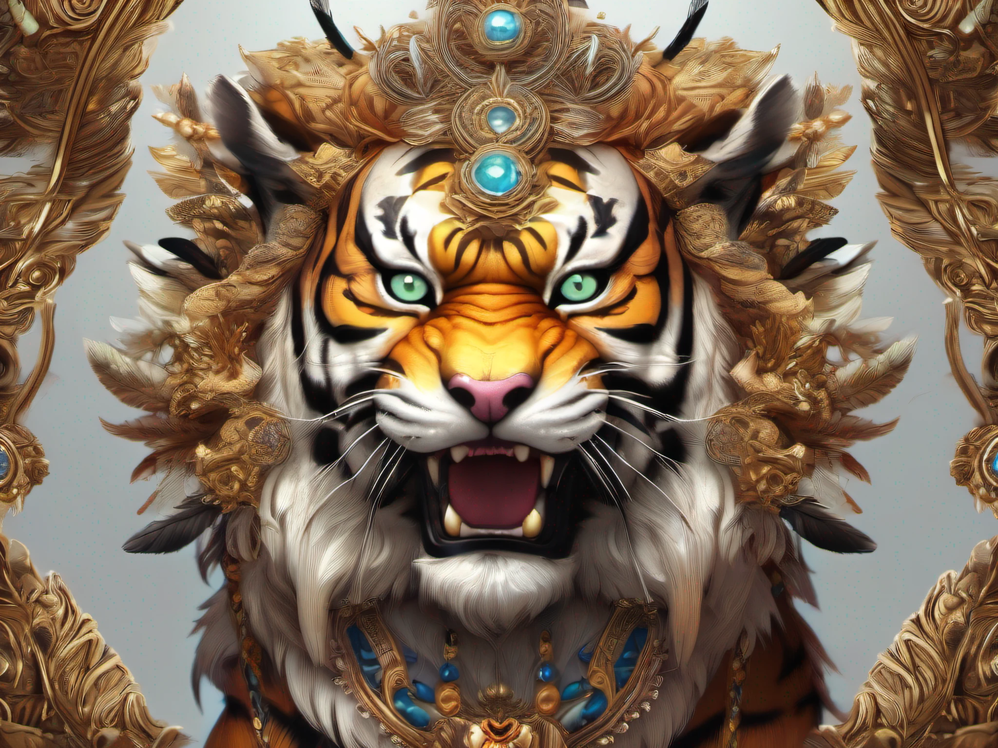There is a tiger with a feathered crown on its head,Wear a feather crown, sacred tiger, Tiger_beast, intricate ornate anime cgi style, ((Tiger)), intricate digital painting, Anthropomorphic tiger, Digital painting | Intricate, by Yang J, high detal), Detailed digital anime art, 4k highly detailed digital art, author:Chen Zeen