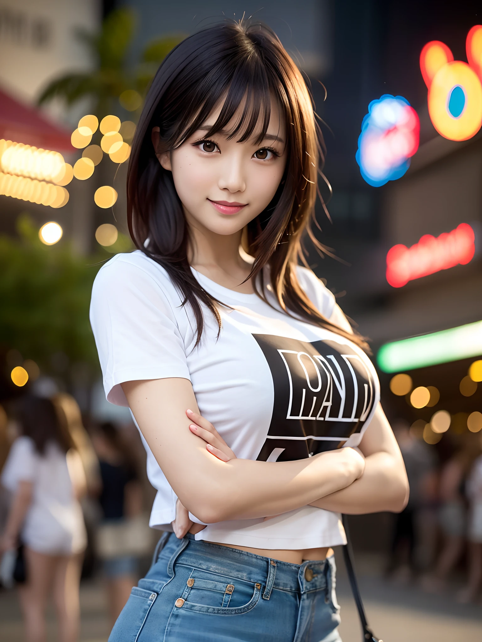 product quality, a cowboy shot, front view, 1girl, a Japanese young pretty woman, wearing a marriage ring, long bob hair, hyper pretty face, glamorous, wearing a short sleeves T-shirt of long length with a n illustration printed, wearing denim pants, carrying a big tote bag over her shoulder, standing with a big smile in front of an amusement park in the night, glossy lips, double eyelids for both eyes, natural makeup, long eyelashes, shiny smooth light brown hair of long bob hair, asymmetrical bangs, tanned skin, central image, high resolution, high detail, detailed hairstyle, detailed face, spectacular movie lighting, octane rendering, hyper realistic, perfect limbs, perfect anatomy