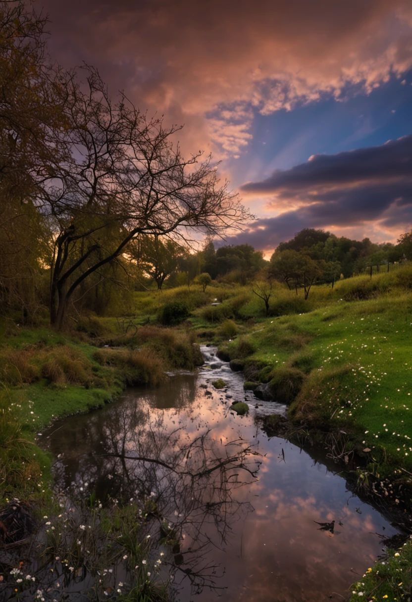 Rural idyllic night view, exteriors, Skysky, Clouds, daysies, No Man, mont, in a panoramic view, Eau, The tree, blue-sky, waterfallr, precipice, naturey, lake, flod, mostly cloudy sky