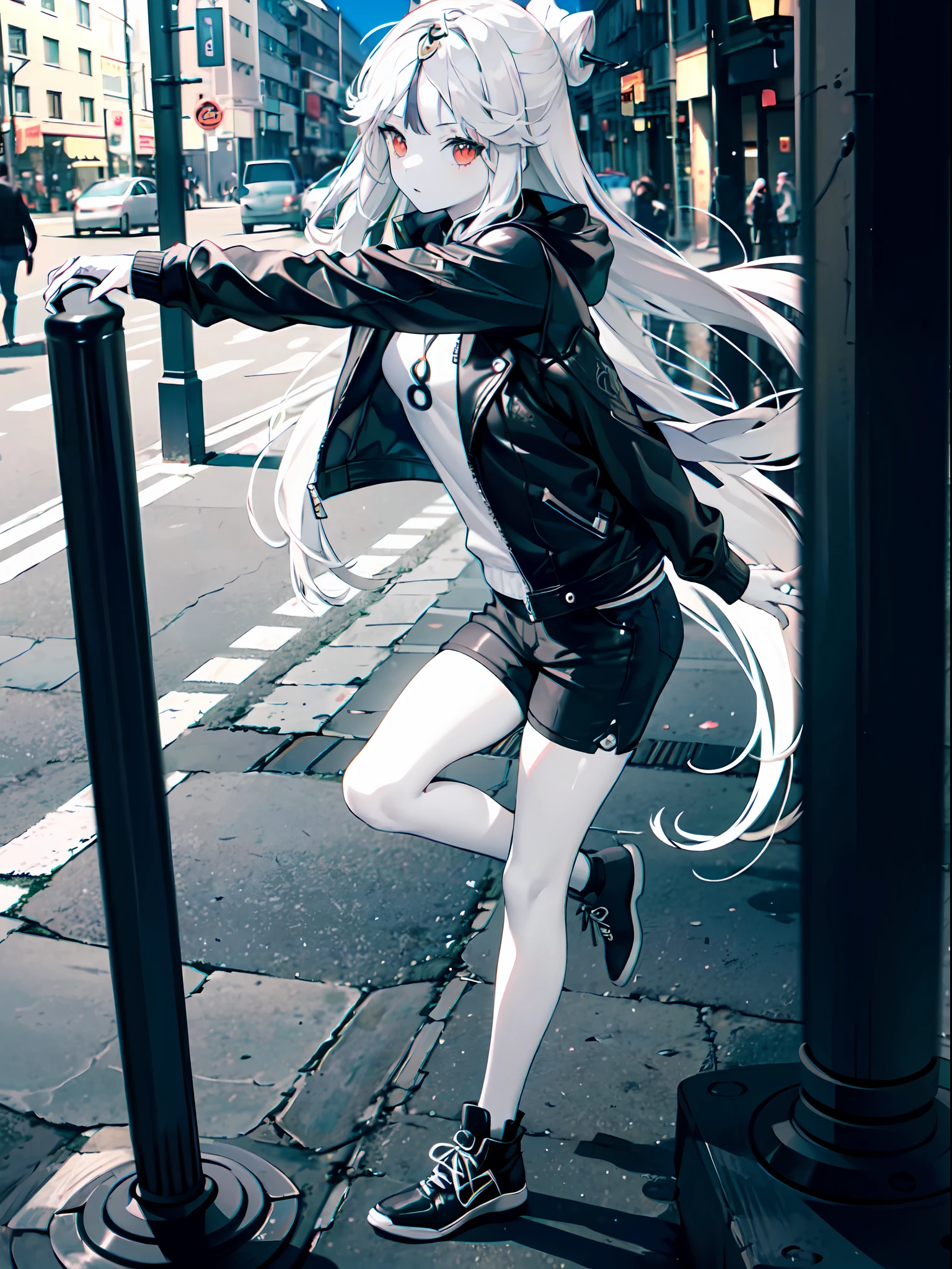 (masterpiece:1.2), (pale skin:1.2), (8k:1.2), (solo:1.2), (female:1.1), (emphasis lines:1.3), shorts, (leather jacket:1.1), (outdoors:1.2), white hair, long hair, (day:1.2)