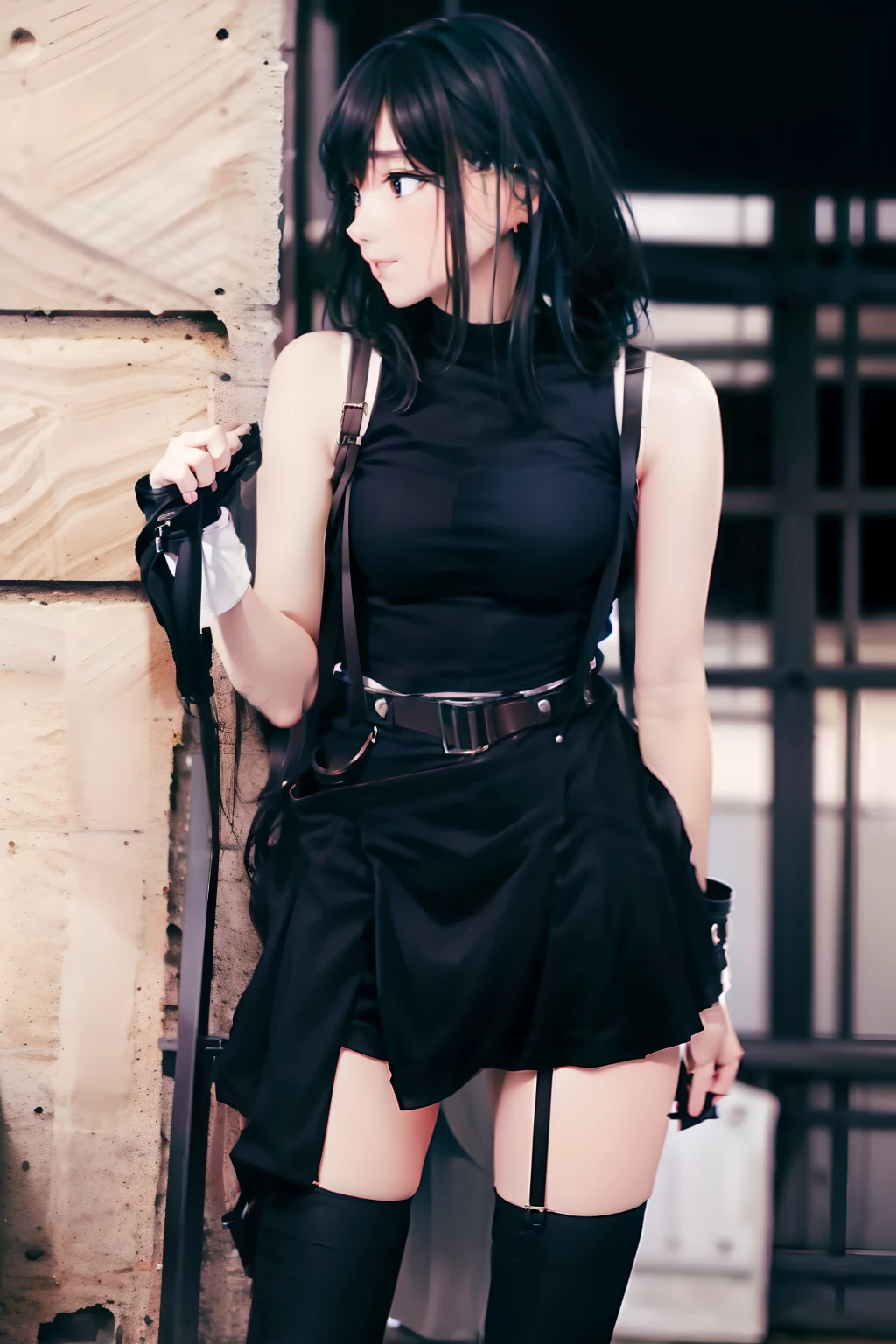 a black skirt, , Tank tops　suspenders, Long Black Hair, Gray eyes, holster, Garter belt on the legs, , Moderate breasts and tight clothes, both sides　　Behind　no-bra