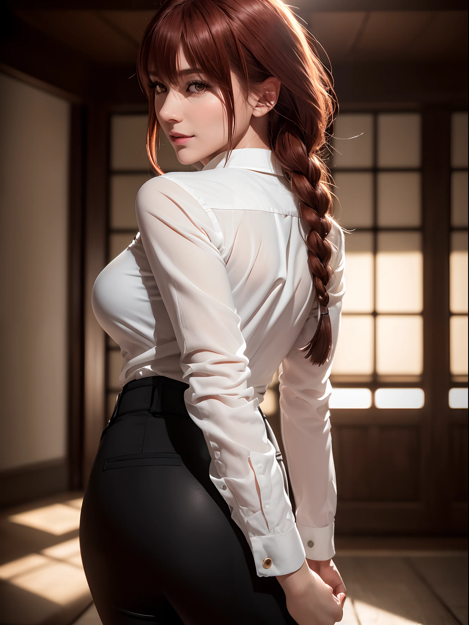 (masterpiece, best quality:1.4), (full body:1.5), (ass focus:0.8), (from behind:1.5), makima \(chainsaw man\), 1girl, bangs, indoors, black necktie, black pants, braid, braided ponytail, collared shirt, highres, long hair, long sleeves, necktie, red hair, ringed eyes, shirt, sidelocks, solo, uniform, white shirt, yellow eyes, medium breasts, beautifull smile, beautiful face, highly detailed face, highly detailed eyes, highly detailed skin, skin pores, subsurface scattering, realistic pupils, full face blush, full lips, depth of field, volumetric lighting, sharp focus, absurdres, realistic proportions, good anatomy, (realistic, hyperrealistic:1.4), 16k hdr