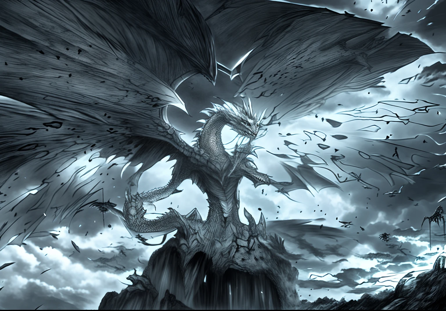 dragons in the sky,hyper detailed manga drawing。
