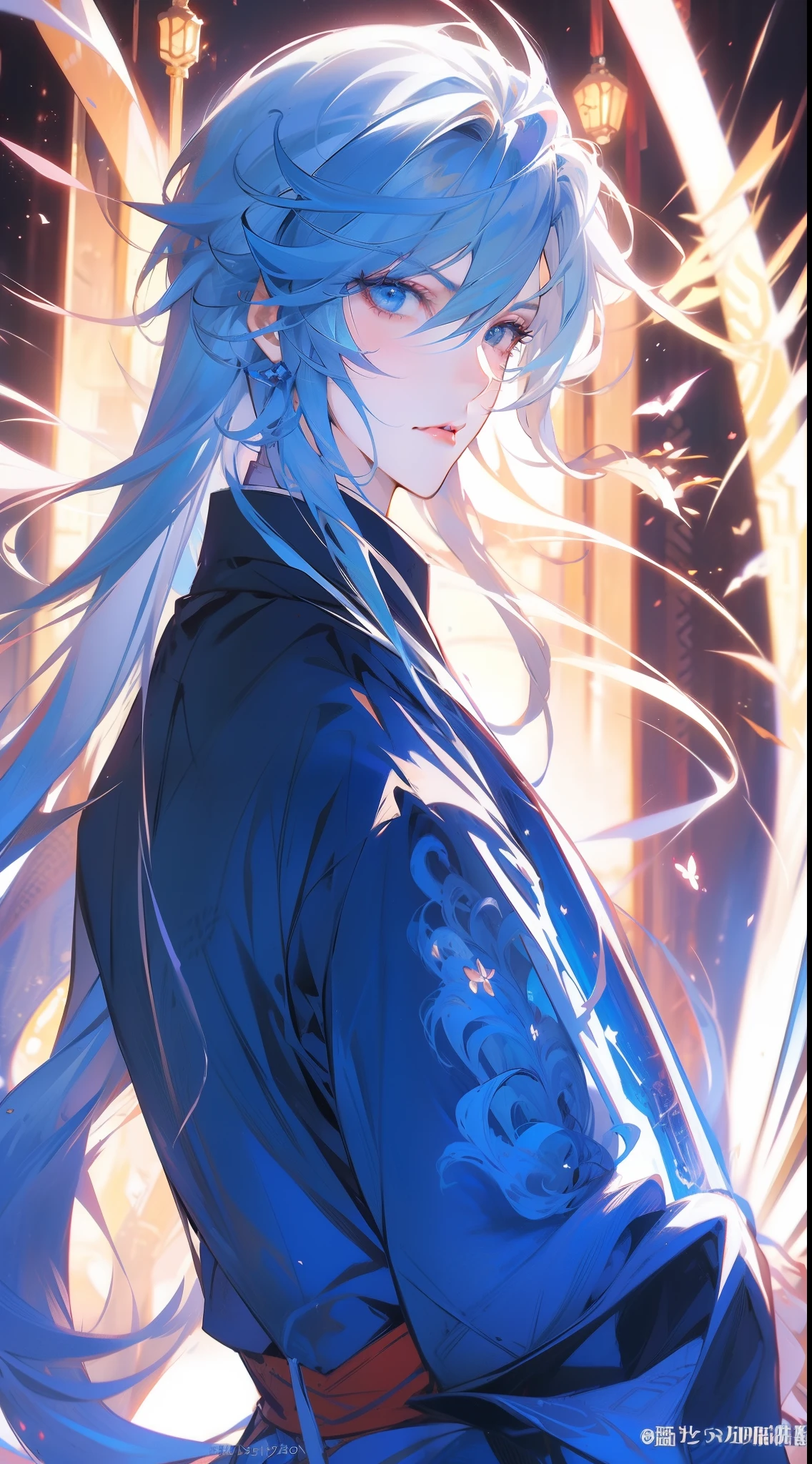 Close-up of a man，with a determined look in his eyes，Handsome figure painting，It has a masculine taste，Man Guwitz，Guviz-style artwork，White-haired god，Yang J，Guvitz at the Pixiv Art Station。Anime characters armed with swords and blue light, Keqing from Genshin Impact, Detailed key anime art, handsome guy in demon killer art, Genshin impact's character, Detailed digital anime art, Genshin, Key anime art, detailed anime character art, Badass anime 8 K, nagito komaeda, Anime epic artwork, Anime fantasy illustration