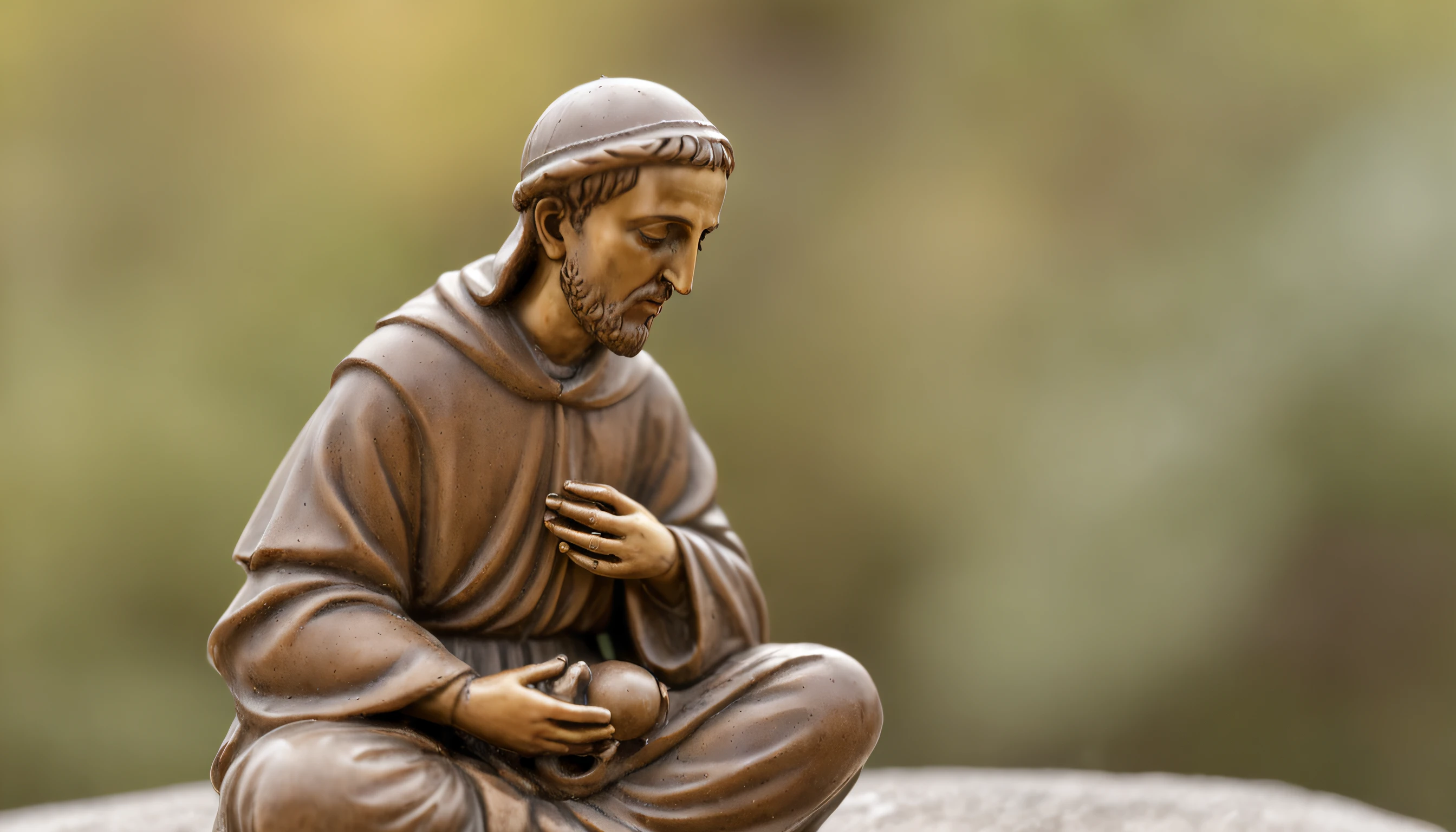 Create an image of St. Francis of Assisi in high definition that conveys serenity, the compassion and spirituality that this saint represents. A imagem deve ser em formato digital, with a minimum resolution of 300 DPI and dimensions of at least 2000x2000 pixels.
Por favor, including St. Francis of Assisi in a pose that represents his connection to nature, how he is often depicted with animals or in contemplation before the divine creation. Use soft and harmonious colors to create an atmosphere of peace and tranquility