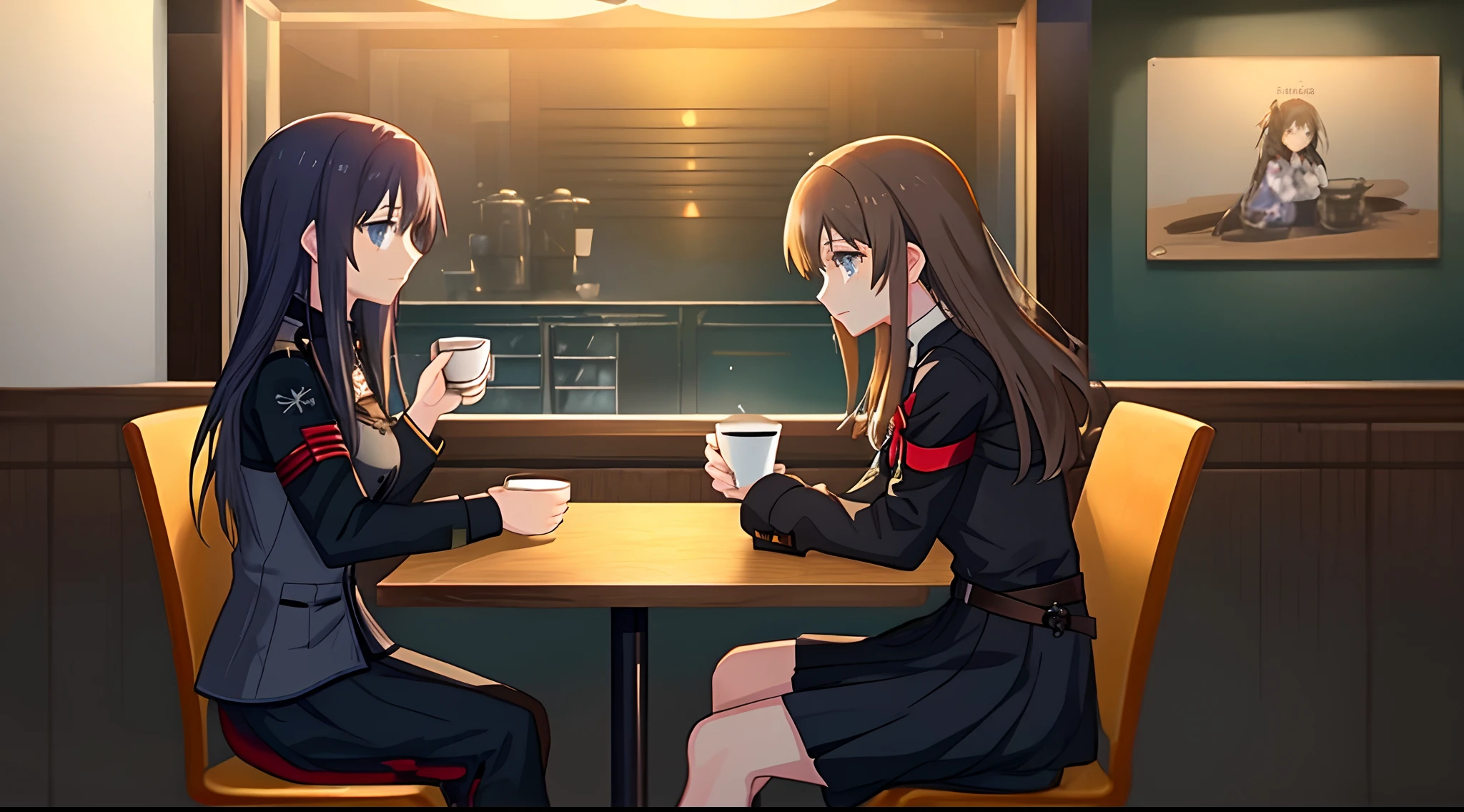 anime character sitting at a table with a cup of coffee, mysterious coffee shop girl, visual novels CG, noire moody scene, ; visual novel, anime moe art style, visual novel, Kantai collection style, Fine details. Girl Front, anime style like fate/stay night, girls frontline style, cinematics, Surrealism female students, from girls frontline