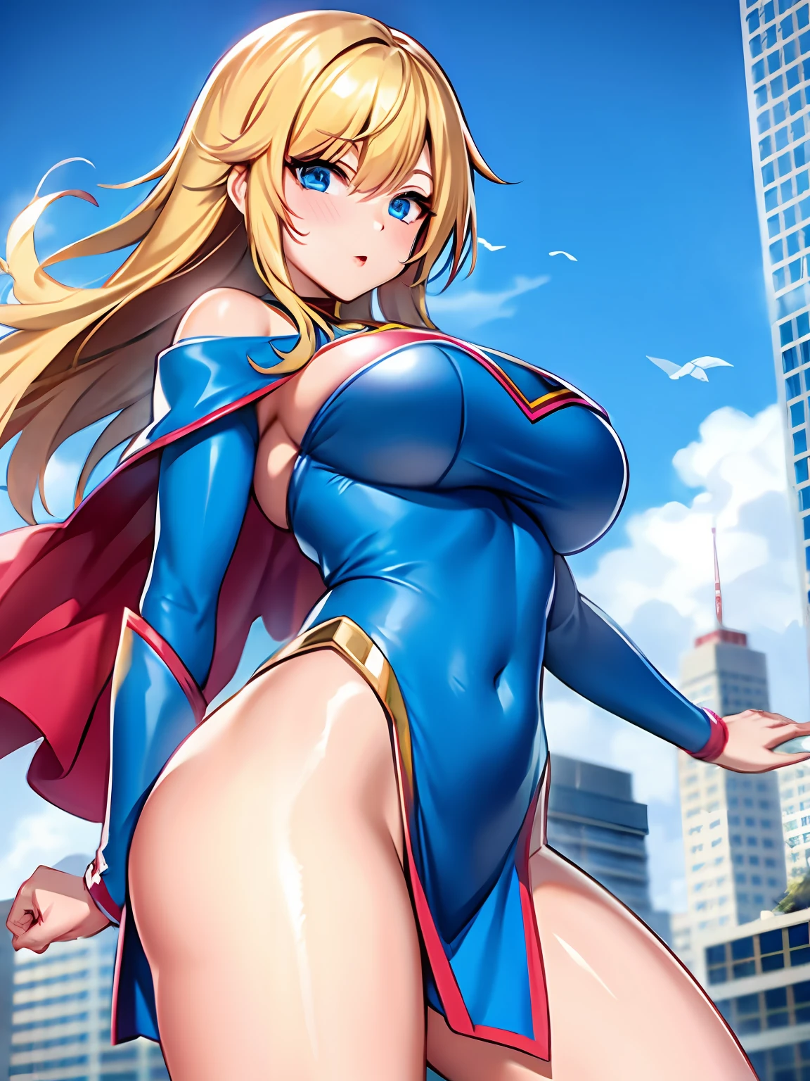 Japan busty beauty in Supergirl cosplay, side of skyscraper