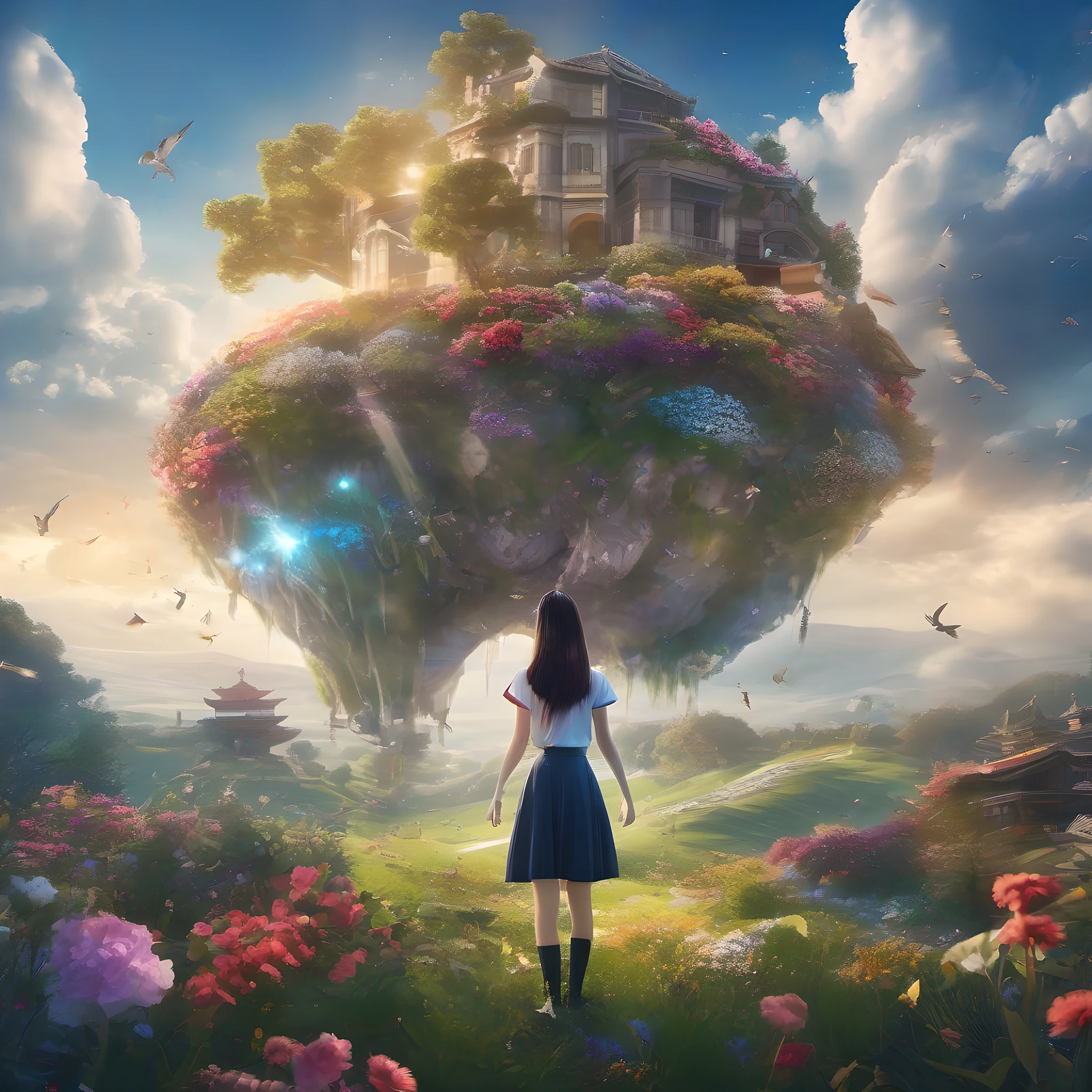 ccurate, best quality, masterpiece, UHD, high details, award winning, (Amazing:2.0), (Surrealism), Conceptual art, Verism, cinematic lighting, floating island in the sky, (((beautiful flower garden))), Horizon, blue sky, paradise scenery, flowers, wind flow, (((fantasy))), frontier, (magnificent space), blurry foreground, bokeh, Hasselblad, lens flare, beautiful school girl, (17 yr old), ((((full body)))), from behind, she moving, without looking at me, (((wearing school uniform))), black eyes, black hair, (floating hair), ((8 life size)), detailed hairstyles, detailed bodyline, anatomically correct, cute face, ((accurately portray her)),
