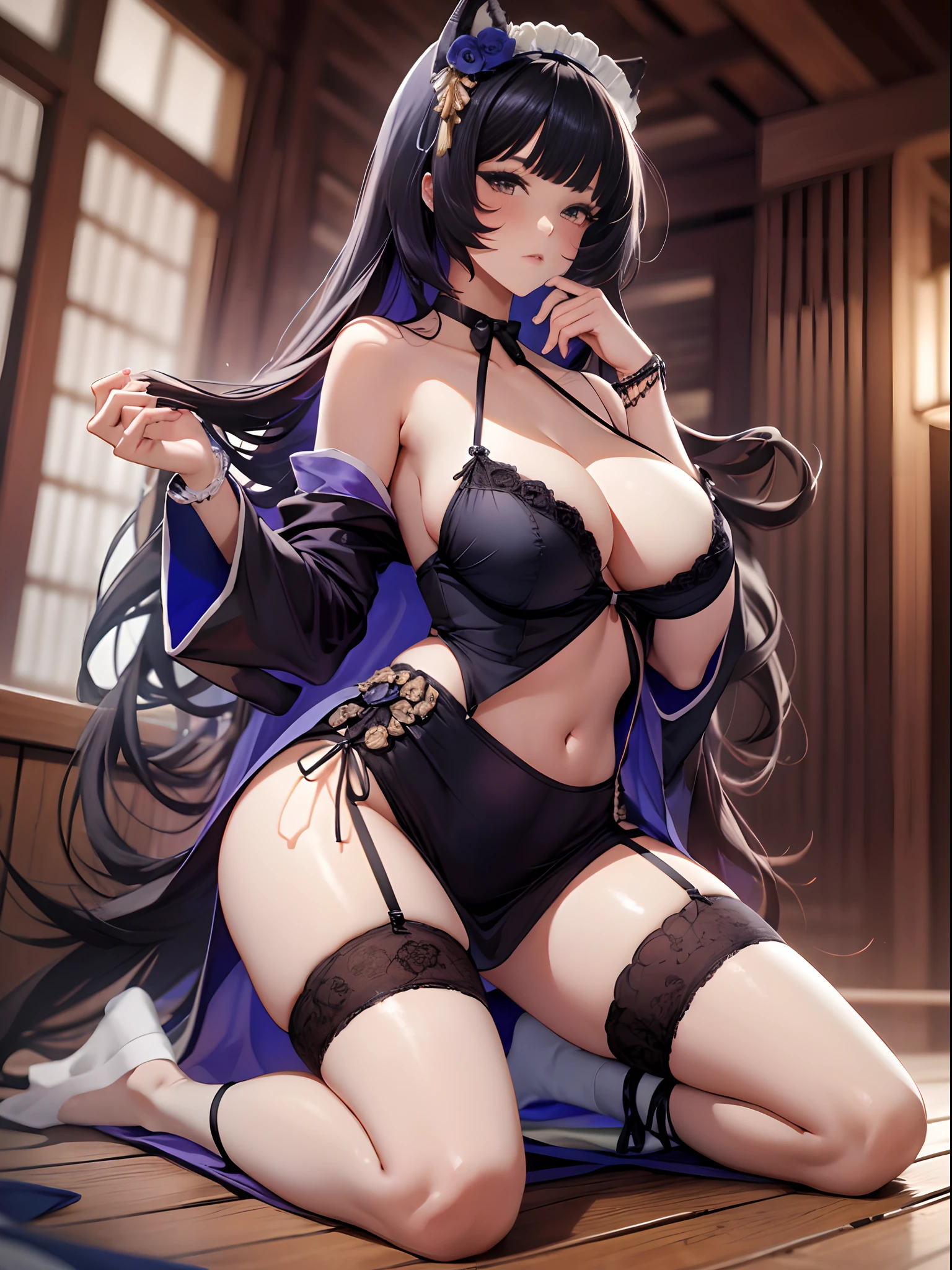 (Enrich the picture,Masterpiece level quality)Beautiful 8K CG artwork,Goddess-like posture,Kneeling exercise,Slim and soft,Translucent skin,Black hair、The beauty of extra-long hair, Super Long Straight Hair,The skin is fair and juicy,Big breasts lingerie miniskirt uniform,Perspective Part 1.2x enhanced silhouette effect,Exquisite transparent blues pattern in pajamas,The details are intricate and exquisite,The background is slightly blurred,Charming and lustful leg seduction,Drool,K cup big breasts,Blush,Japan goddess,Perfect body slim curves,Scene by the sea,