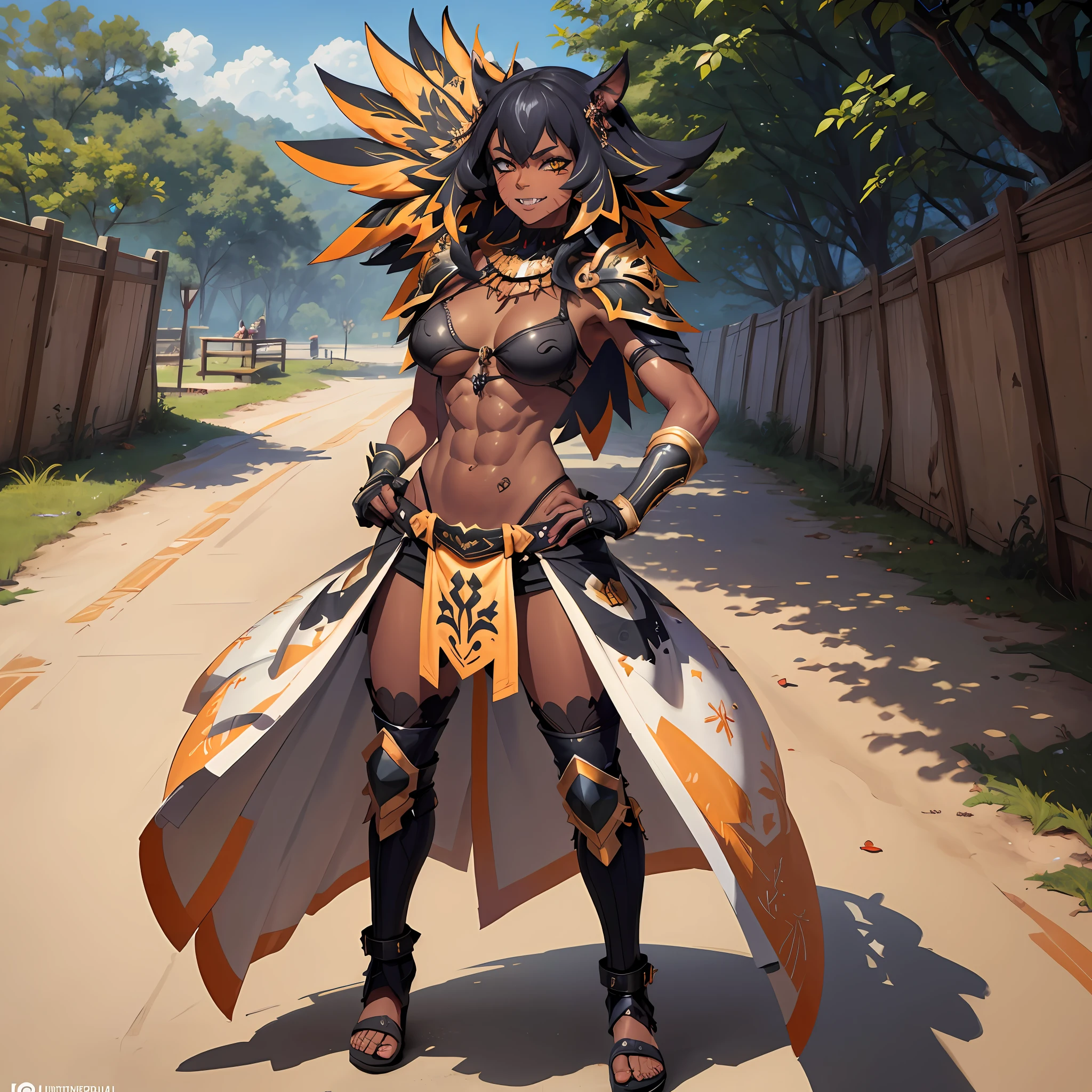 (Masterpiece, best quality:1.2), (highres, ultra-detailed), (absurdres, perfect anatomy), 1girl, solo, , anihh, slit pupils, dark-skinned female, black hair, orange colored inner hair, scar, fangs, hands on hips, outdoors, fingerless gloves, muscular, (covered (navel:0.5)) , full body flipflops,(icone de um jogo), (icone de peitoral : 1.5), um peitoral , peitoral marrom, chest plate, peitoral pesada marrom, peitoral grosso, peitoral de Armadura intrincada, peitoral de armadura de fantasia pesada, peitoral detalhado, armadura ornamentada, peitoral de Armadura Paladina, peitoral dearmadura de batalha, intrincada peitoral, smile, full body, tribal clothing