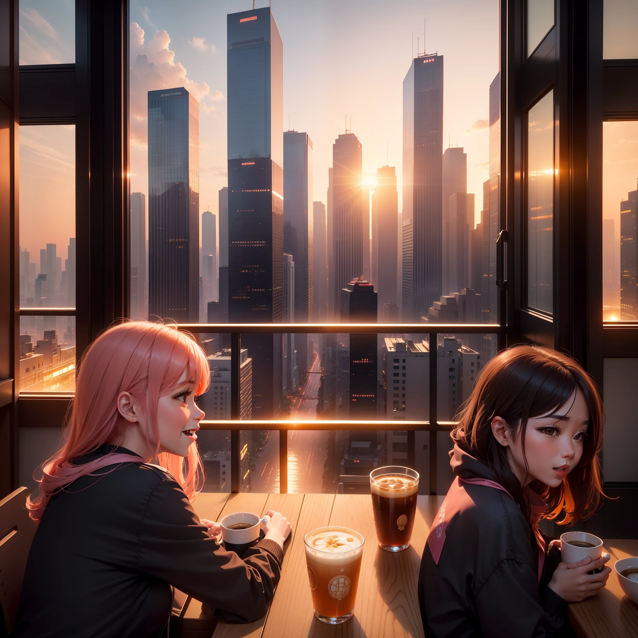 at the sunset, 城市, Skyscrapers, a person々Flow of, Building windows, Warm light, Walkway, a person々, cafe terrace, Friends, Laughing, Skysky, an orange, pink there, tints, Urban hustle and bustle, Beautiful sunset, harmony