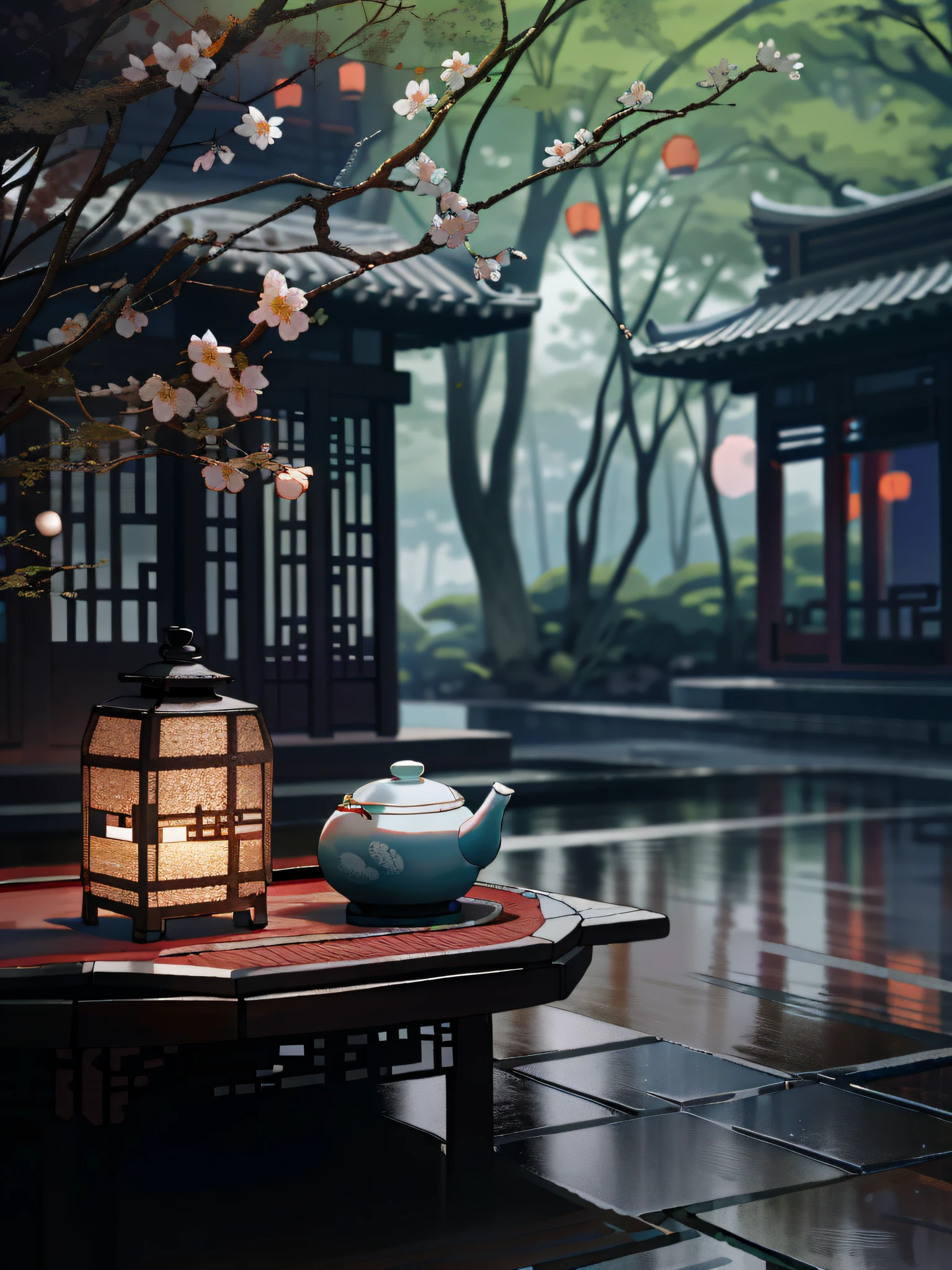 There was a teapot and a teapot on the table, quiet and serene atmosphere, serene evening atmosphere, cozy and peaceful atmosphere, beautiful ambiance, beautiful ambiance, Evening atmosphere, tranquil ambiance, Chinese style, tea ceremony scene, tea drinking and paper lanterns, relaxing atmosphere, serene scene, Zen temple background, author：Ma Yuanyu, evening lanterns