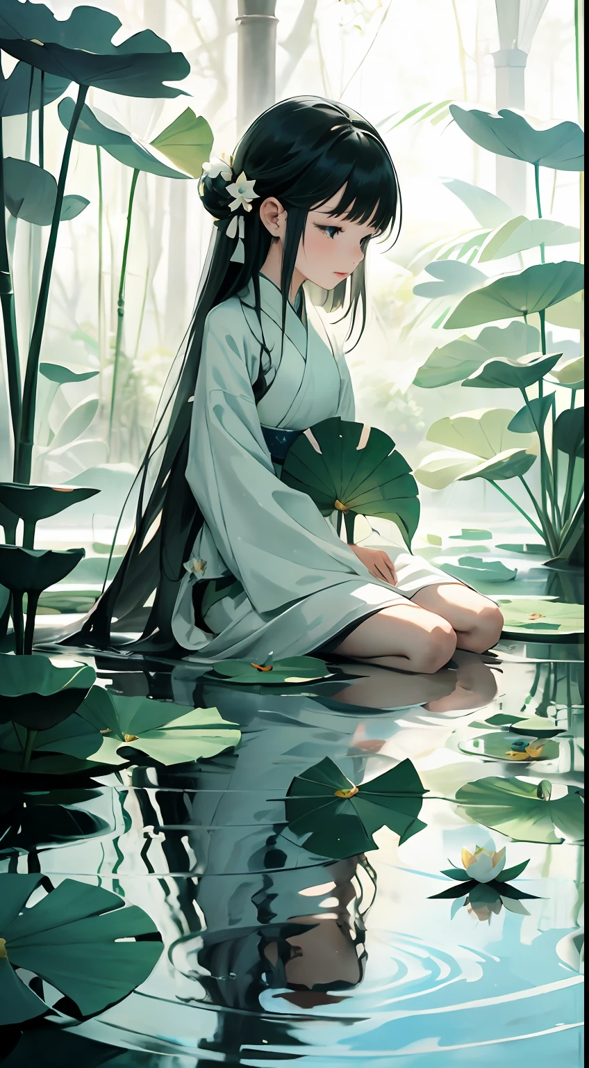 A pond full of lotus, a little girl sitting on the lotus leaves of the pond, happily,huge lotus leaves, barefoot, dressed in white and green hanfu, light and shadow, a masterpiece