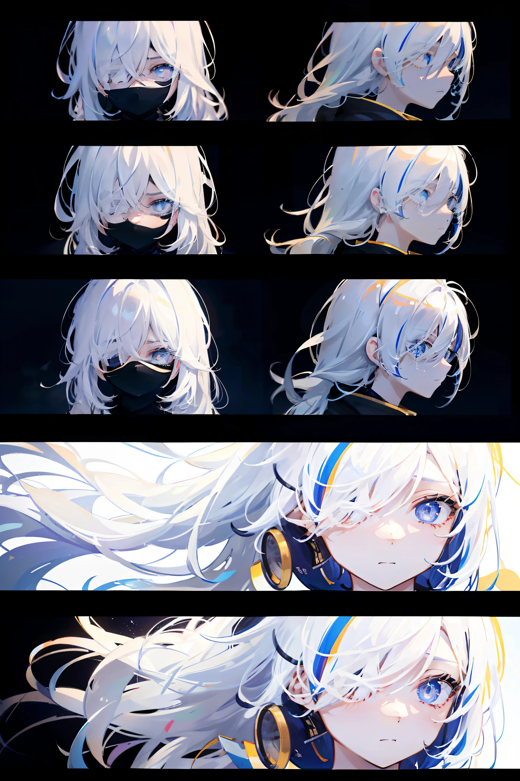 streaked hair, colored inner hair, white hair, long hair, hairpods, bandage over one eye, covered eyes, expressionless, cinematic lighting, character chart, reference sheet, zoom layer, tachi-e, UHD, retina, masterpiece, ccurate, super detail, high quality, high details, award winning, highres, best quality