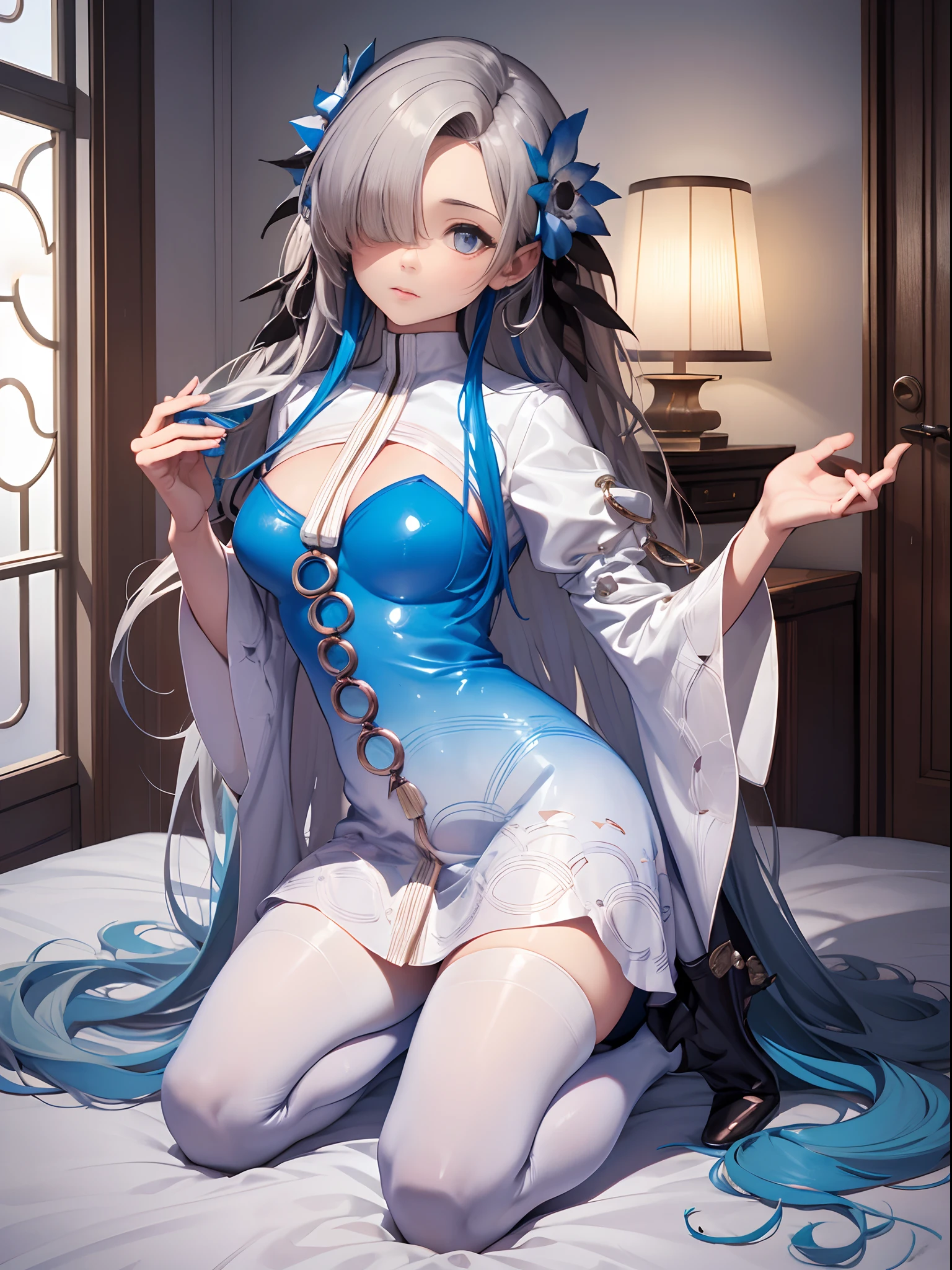 （Enrich the picture，Masterpiece level quality）Beautiful 8K CG artwork，Goddess-like posture，Kneeling exercise，Slim and soft，Translucent skin，Blue hair、The beauty of extra-long hair, Super Long Straight Hair，The skin is fair and juicy，Underwear miniskirt uniform，Perspective Part 1.2x enhanced silhouette effect，Exquisite transparent blues pattern in pajamas，The details are intricate and exquisite，The background is slightly blurred，Charming and lustful leg seduction，Drool，K cup big breasts，Blush，Japan goddess，Perfect body slim curves，Scene by the sea，