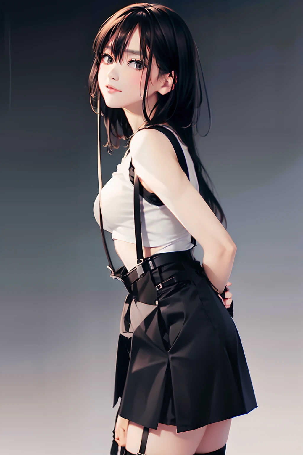 a black skirt, , Tank tops　suspenders, Long Black Hair, Gray eyes, holster, Garter belt on the legs, , Moderate breasts and tight clothes, both sides　　Behind　no-bra