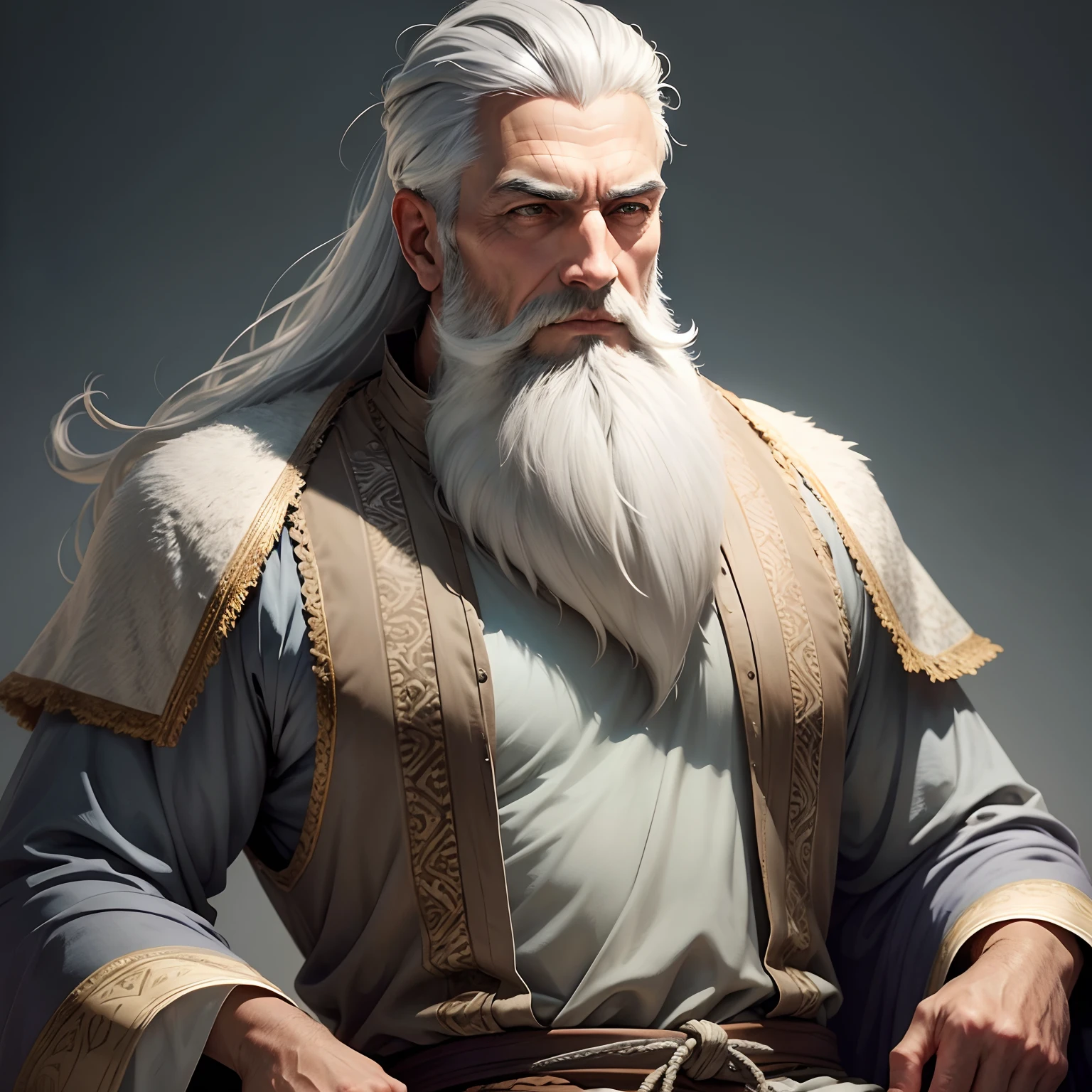 A sage with beards and gray hair, with serene face and epic outfit