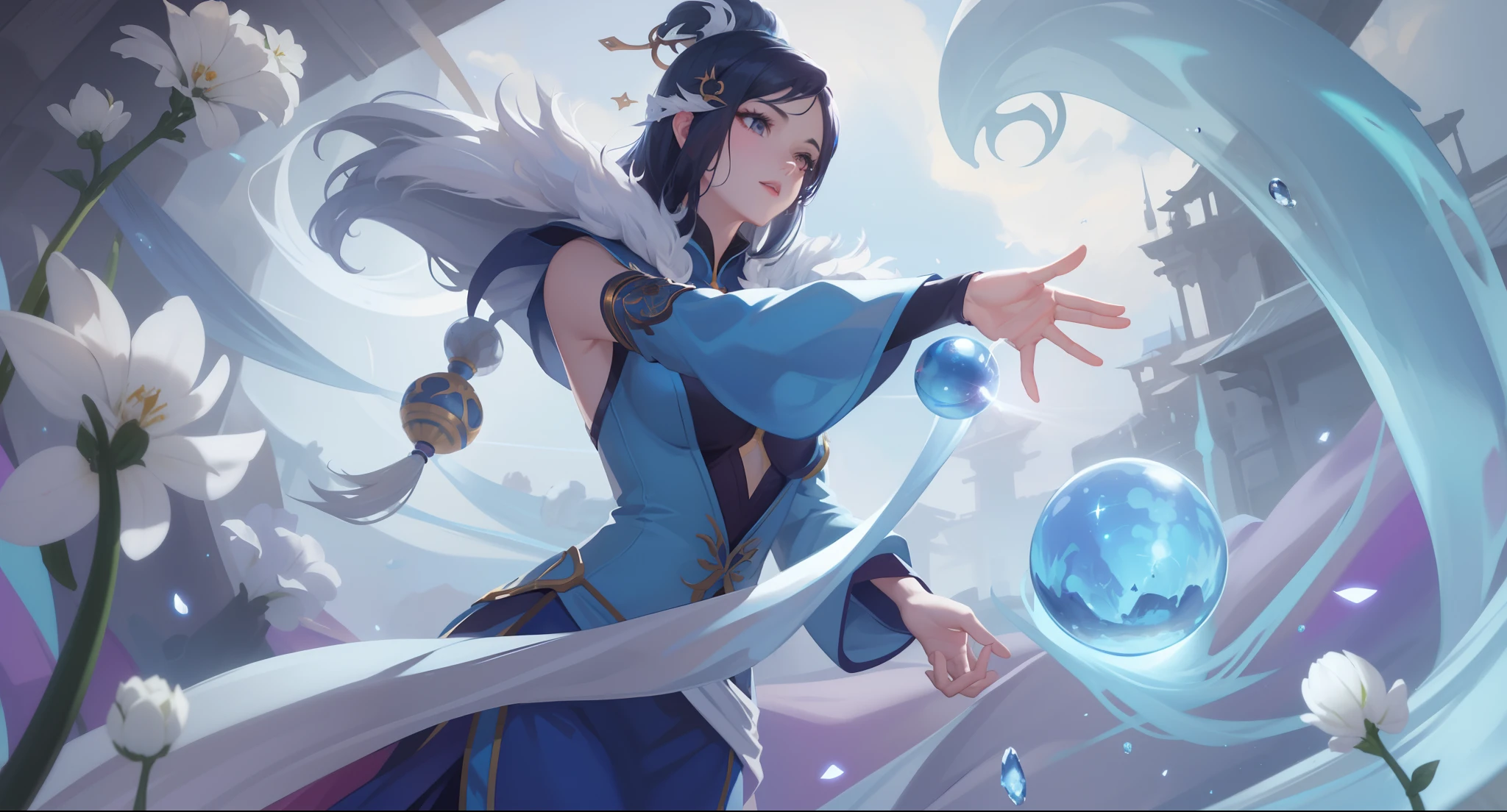 a woman in a blue dress holding a crystal ball in her hand, Irelia, Artgerm Plano, Maya Ali como um Mago do Vento, Yang Qi, yun ling, Li Zixin, Ruan Jia e Artgerm, Artgerm e Ruan Jia, inspirado em Ju Lian, a sorceress casting a ice ball, ultra detalhista, 8K FULL HD
