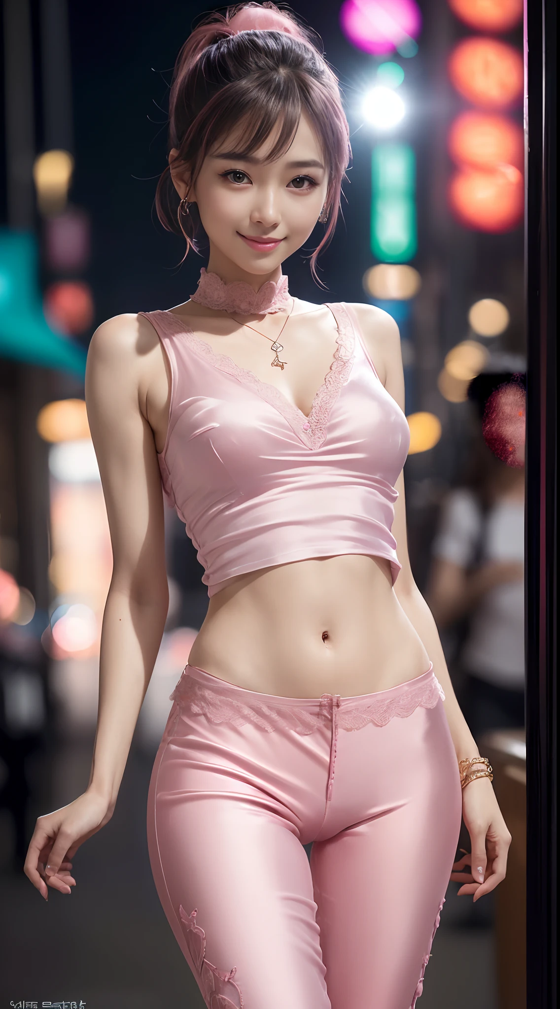 8k, masterpiece, RAW photo, best quality, photorealistic, extremely detailed CG unity 8k wallpaper, Depth of field, Cinematic Light, Lens Flare, Ray tracing, (extremely beautiful face, beautiful lips, beautiful eyes), intricate detail face, ((ultra detailed skin)) 1girl, in the dark, deep shadow, pretty korean girl, kpop idol,(very slim slender fit-muscled body), ((looking at viewer)),(big smile), (fashion city night, (neon sign), (blurry background), midnight, (vacant city), (without people in the background), pretty korean girl, white diamond earrings, dia bracelets, dia necklace, clear eyes, walking , front shot, (pale skin), face forward, (big eyes), ((upper body shot)), ((color laced pants ), (camel toe,  shape),(ponytail) (looking at viewer), medium breasts,((smile)), ((camel toe)), (see through), ((laced top)), ( very slim, medium butts, ((pink color silk pants)), (silk shirts)