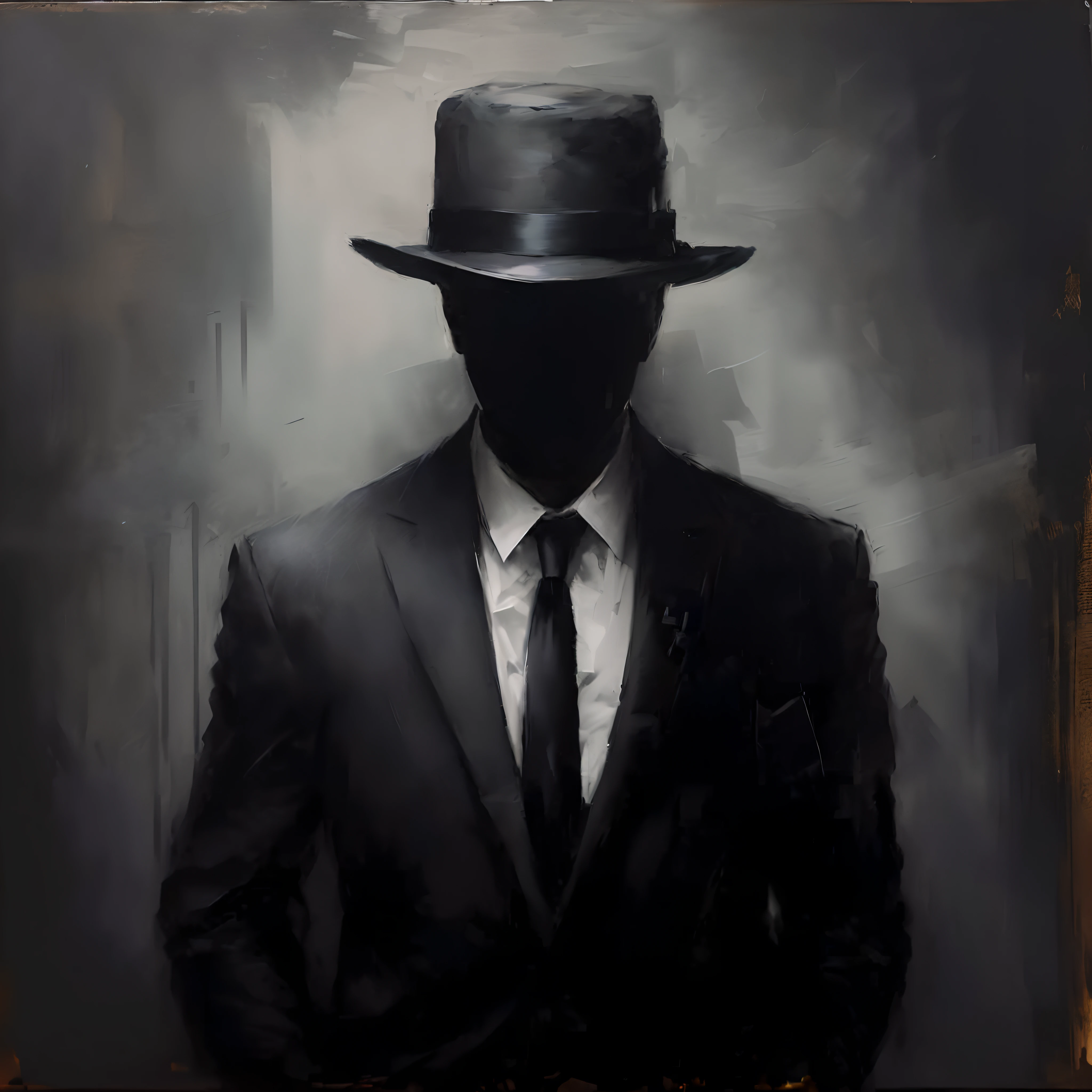 painting of a man in a suit and tie with a hat, mysterious man, a suited man in a hat, man in black, shadowy informant, noir detective and a fedora, dark hat, drawn in a neo - noir style, shadowy and eerie character, faceless people dark, mysterious portrait, man in black suit, suit and tie, dark suit