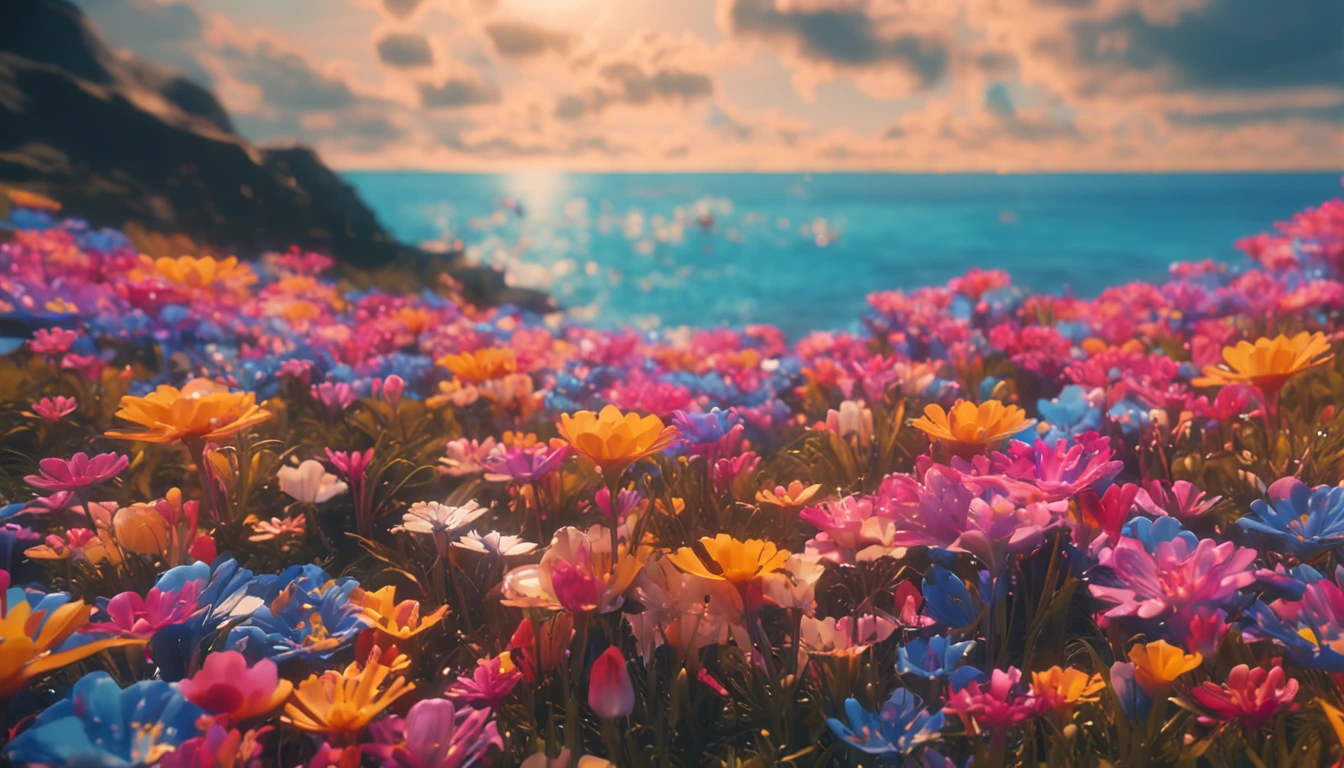 blue-sky,A sea of flowers, dancing in a sea of flowers,