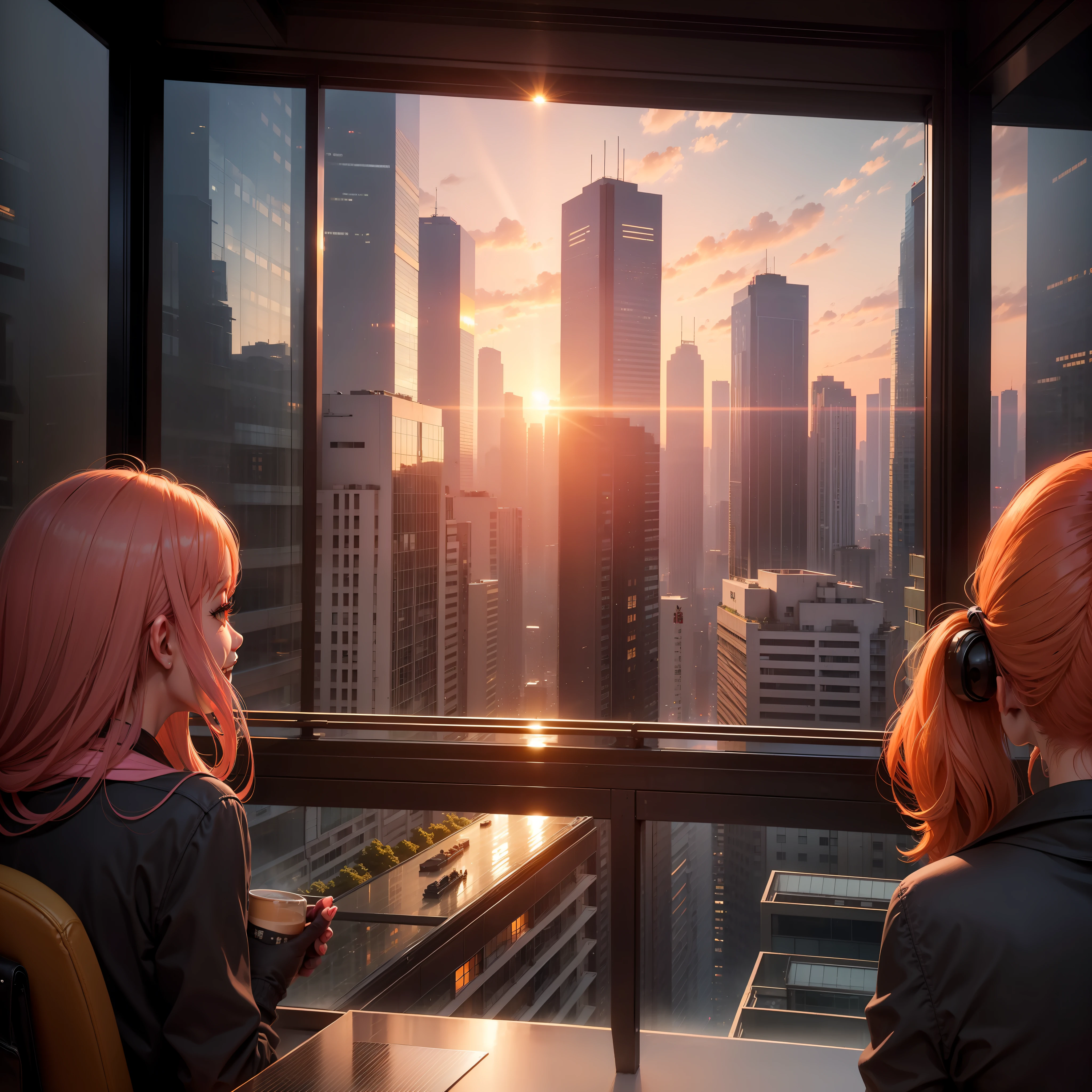 at the sunset, 城市, Skyscrapers, a person々Flow of, Building windows, Warm light, Walkway, a person々, cafe terrace, Friends, Laughing, Skysky, an orange, pink there, tints, Urban hustle and bustle, Beautiful sunset, harmony