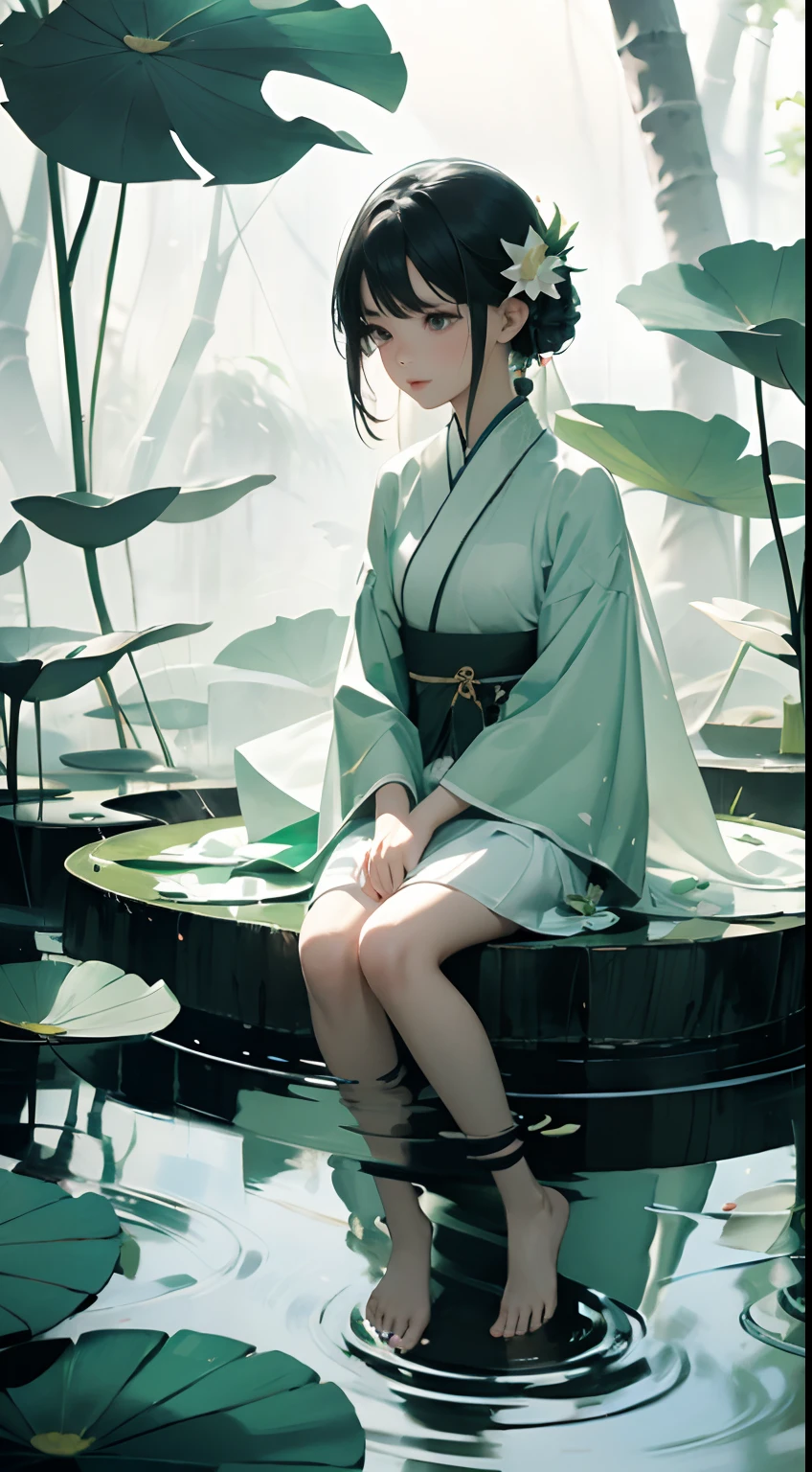 A pond full of lotus, a little girl sitting on the lotus leaves of the pond, happily,huge lotus leaves, barefoot, dressed in white and green hanfu, light and shadow, a masterpiece