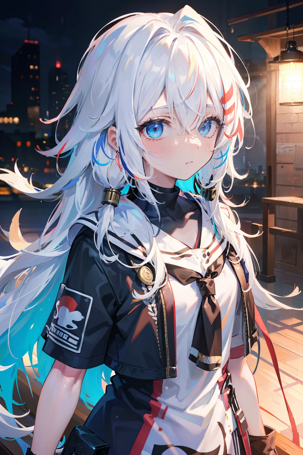 streaked hair, colored inner hair, white hair, long hair, hairpods, bandage over one eye, covered eyes, expressionless, cinematic lighting, character chart, tachi-e, UHD, retina, masterpiece, ccurate, super detail, high quality, high details, award winning, highres, best quality