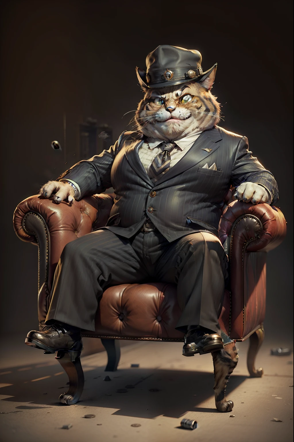 Old fat striped gangster cat Tom sitting on a leather chair, Smiling, Mafia, criminal, 3D-рендеринг vray, Pixar character