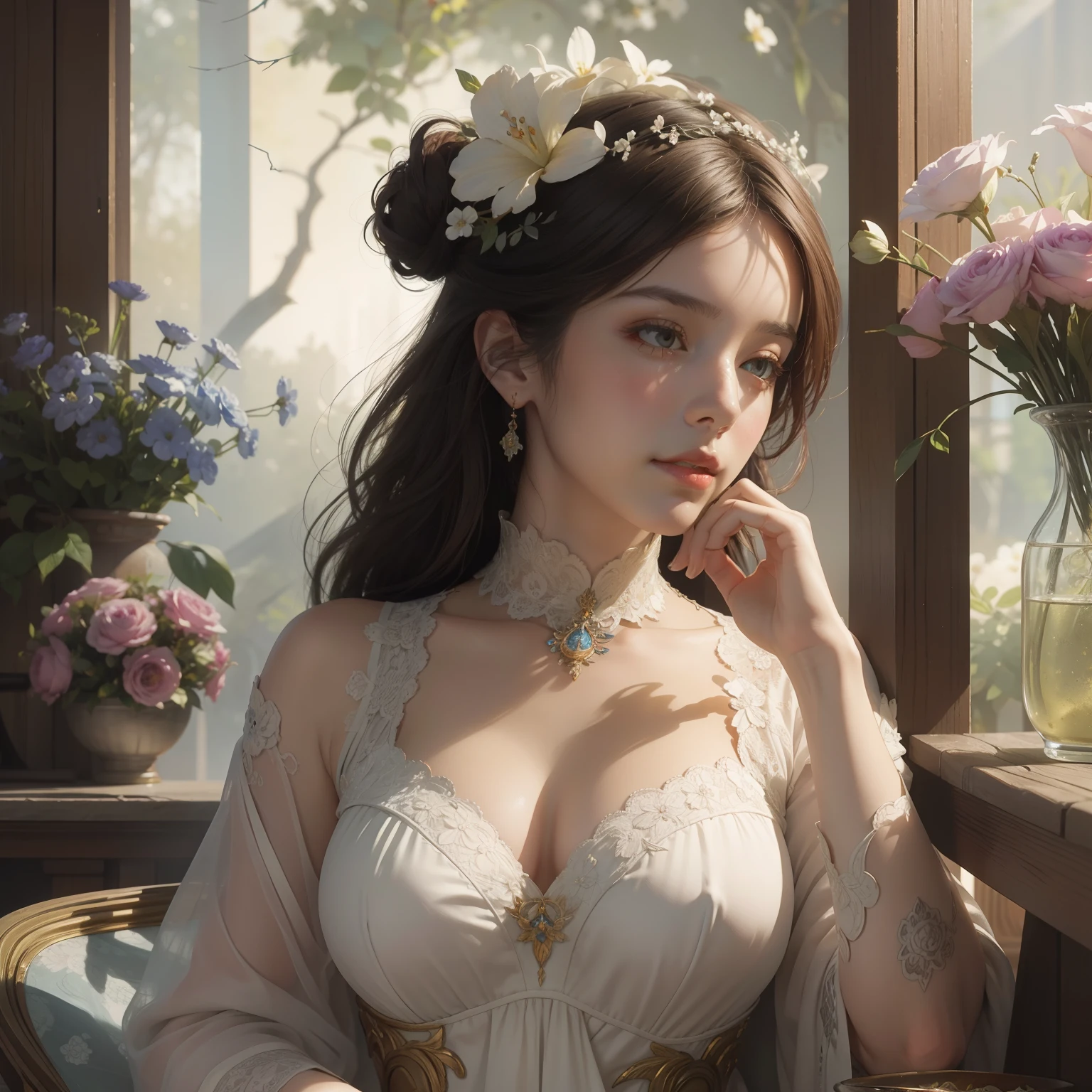 18th century Portuguese ceramic tile art, Draw beautiful flowers, Convoluted, Elegant, Highly detailed, Concept art, sleeoing, art by artgerm and greg rutkowski and alphonse mucha