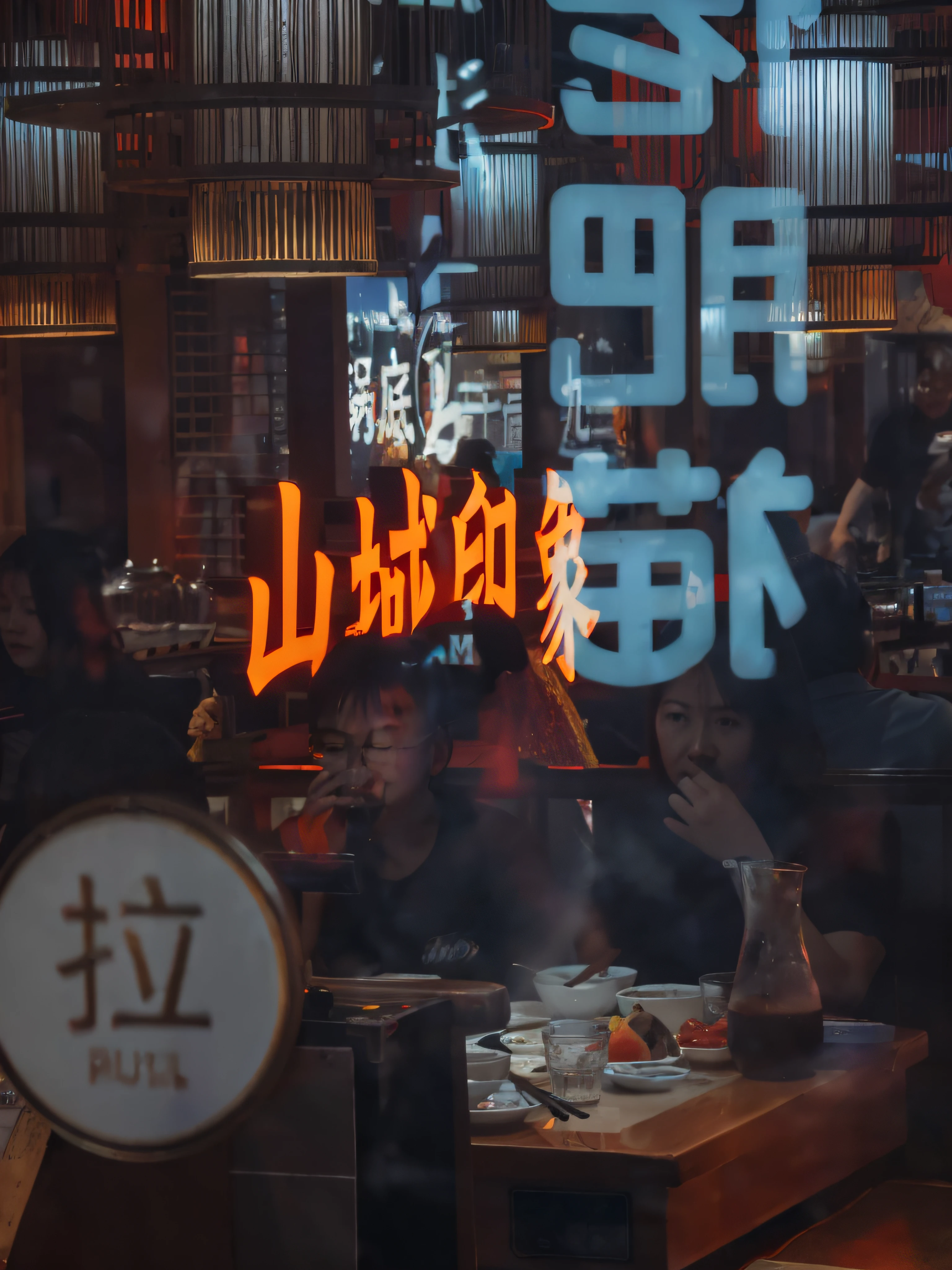 Through the glass door, Someone sits at a table in a restaurant,A woman is knocking melon seeds, Hot pot was bubbling on the table(Faint smoke:1.5},There is a neon sign on it, neon signs in background, busy restaurant, with neon signs, Overlay Chinese text, in style of kar wai wong, shot on nikon z9, Cinematic. author:leng jun, shot on leica sl2, china town blade runner, closeup at the food, Shot on Sony A 7 III