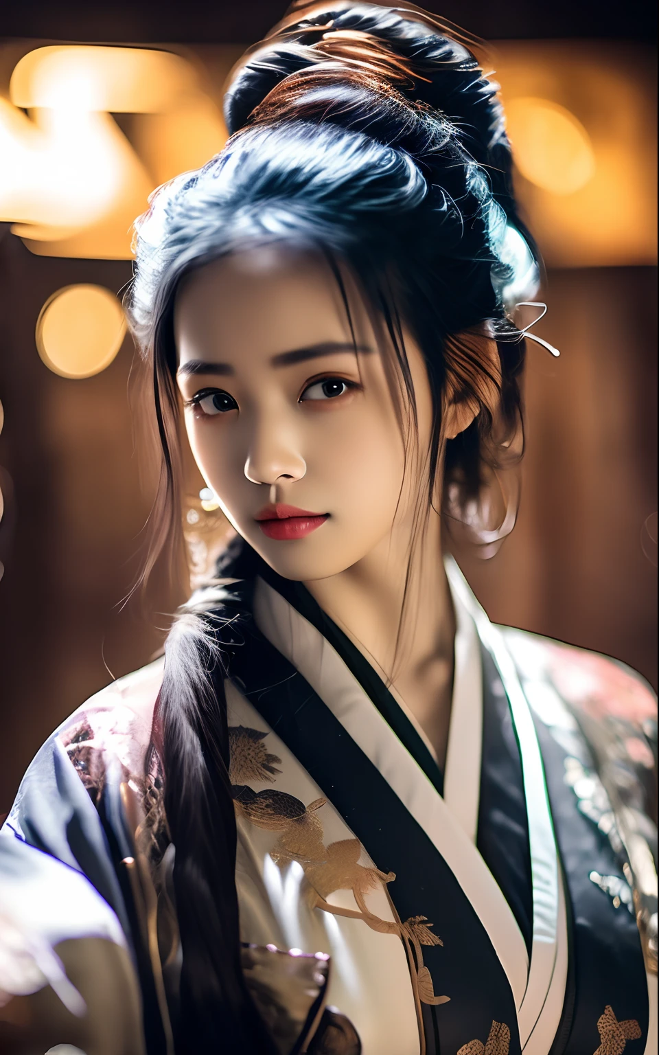 best quality, masterpiece, highres, wuxia 1girl,blush,(seductive smile:0.8),star-shaped pupils,china hanfu,hair ornament,necklace, jewelry,Beautiful face,upon_body, tyndall effect,photorealistic, dark studio, rim lighting, two tone lighting,(high detailed skin:1.2), 8k uhd, dslr, soft lighting, high quality, volumetric lighting, candid, Photograph, high resolution, 4k, 8k, Bokeh