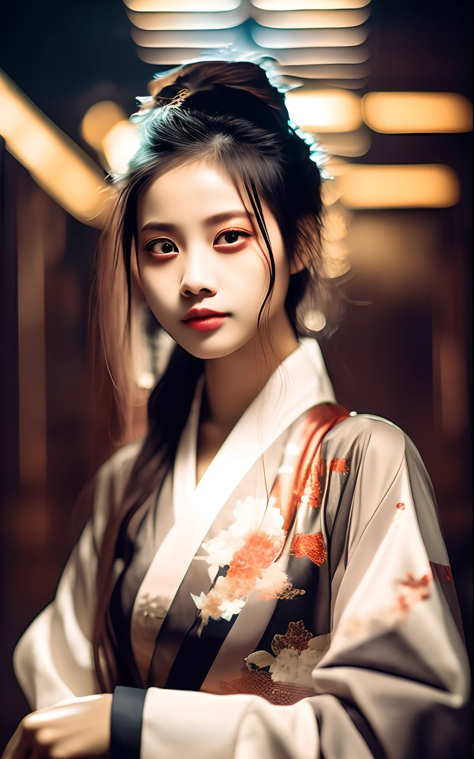 best quality, masterpiece, highres, wuxia 1girl,blush,(seductive smile:0.8),star-shaped pupils,china hanfu,hair ornament,necklace, jewelry,Beautiful face,upon_body, tyndall effect,photorealistic, dark studio, rim lighting, two tone lighting,(high detailed skin:1.2), 8k uhd, dslr, soft lighting, high quality, volumetric lighting, candid, Photograph, high resolution, 4k, 8k, Bokeh