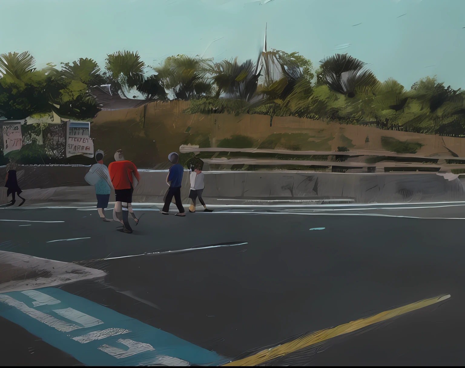 A painting of a street,There was a car parked on the side of the road,The background is a building