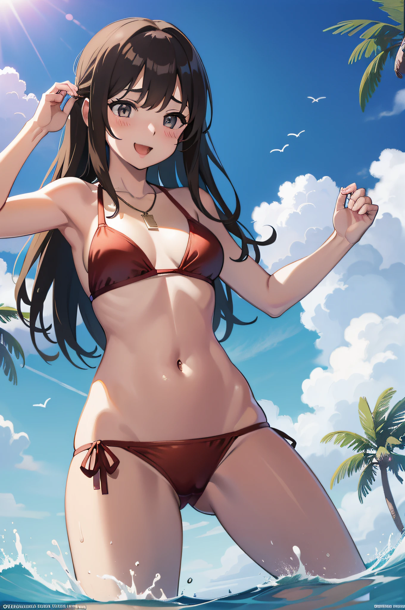 anime girl in a bikini on the beach with a blue sky in the background, realistic bikini, Seductive Anime Girl, in beach, in beach, anime moe art style, in beach, wearing a swimming wear, Smooth Anime CG Art, Swimsuit, on a sunny beach, in beach, in bikini, Cute Pose, Beautiful breasts, Brown hair 、top-quality、((​masterpiece))、A highly detailed、mare、Eau、Splash、Sun'rays、Skysky、 1girl in、独奏、Midou Miu、 looking at the viewers、slight smile、open open mouth、Standing、 Brown-eyed、brown haired、length hair、a necklace、Strip Bikini、Red bikini、bare shoulders​