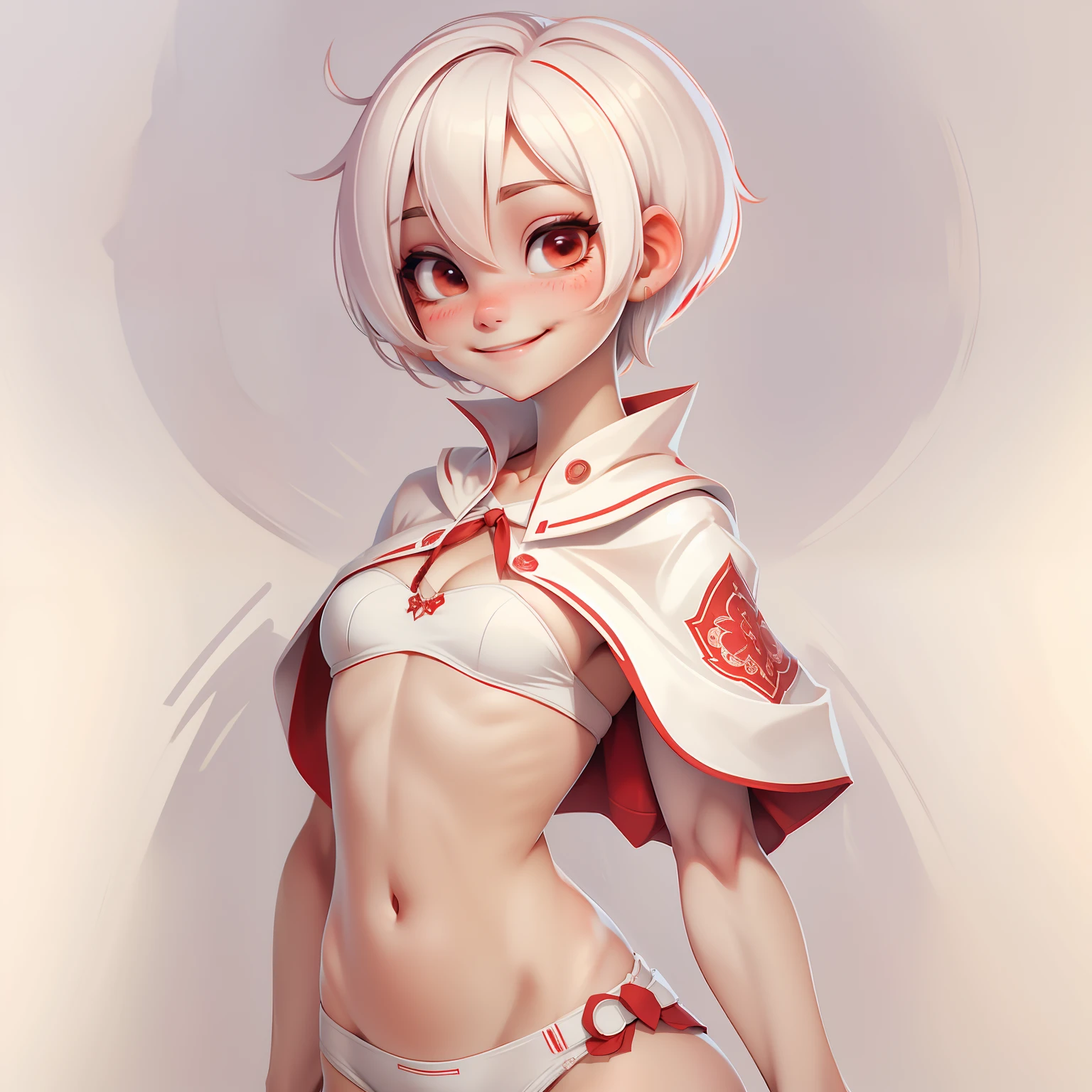 charact. full bodyesbian，Loli Girl, taken, Smiles and refined eyes, full bodyesbian,simple backgound, best qualityer，Russian，White man short hair，boxer，red capelet