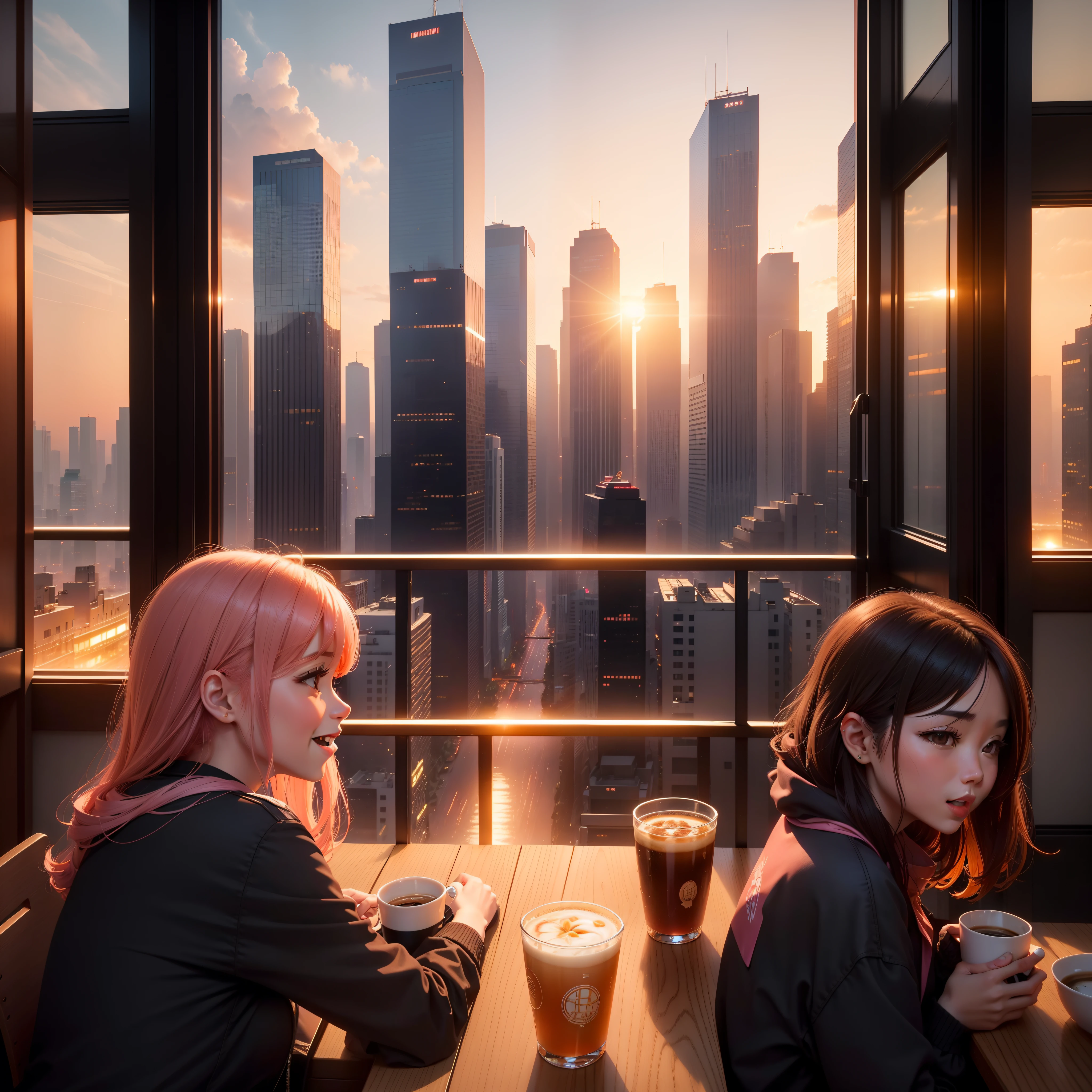 at the sunset, 城市, Skyscrapers, a person々Flow of, Building windows, Warm light, Walkway, a person々, cafe terrace, Friends, Laughing, Skysky, an orange, pink there, tints, Urban hustle and bustle, Beautiful sunset, harmony