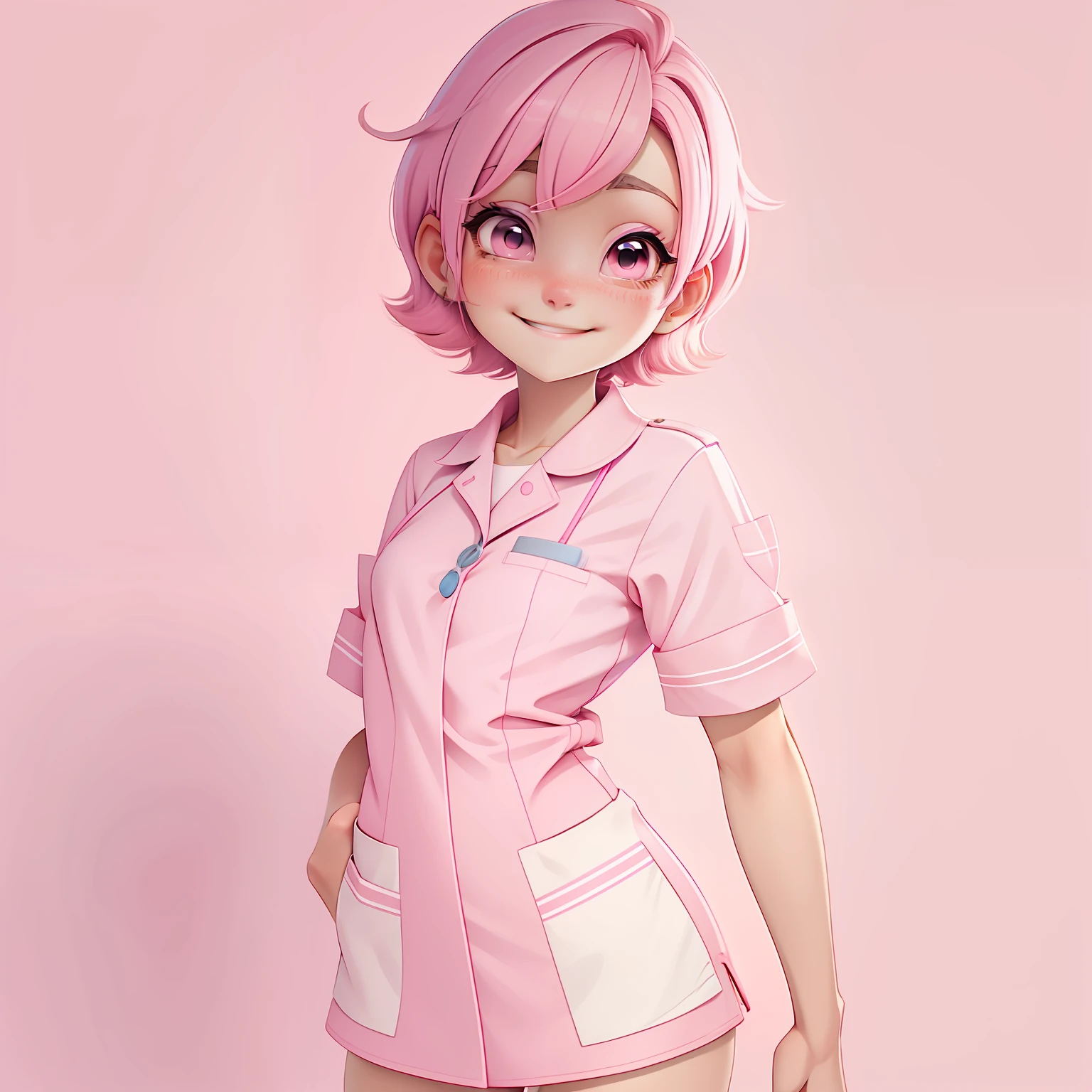 charact. full bodyesbian,Loli Girl, taken, Smiles and refined eyes, full bodyesbian,simple backgound, best qualityer,Briton,pink short hair,nurses,Pink nurse's uniform