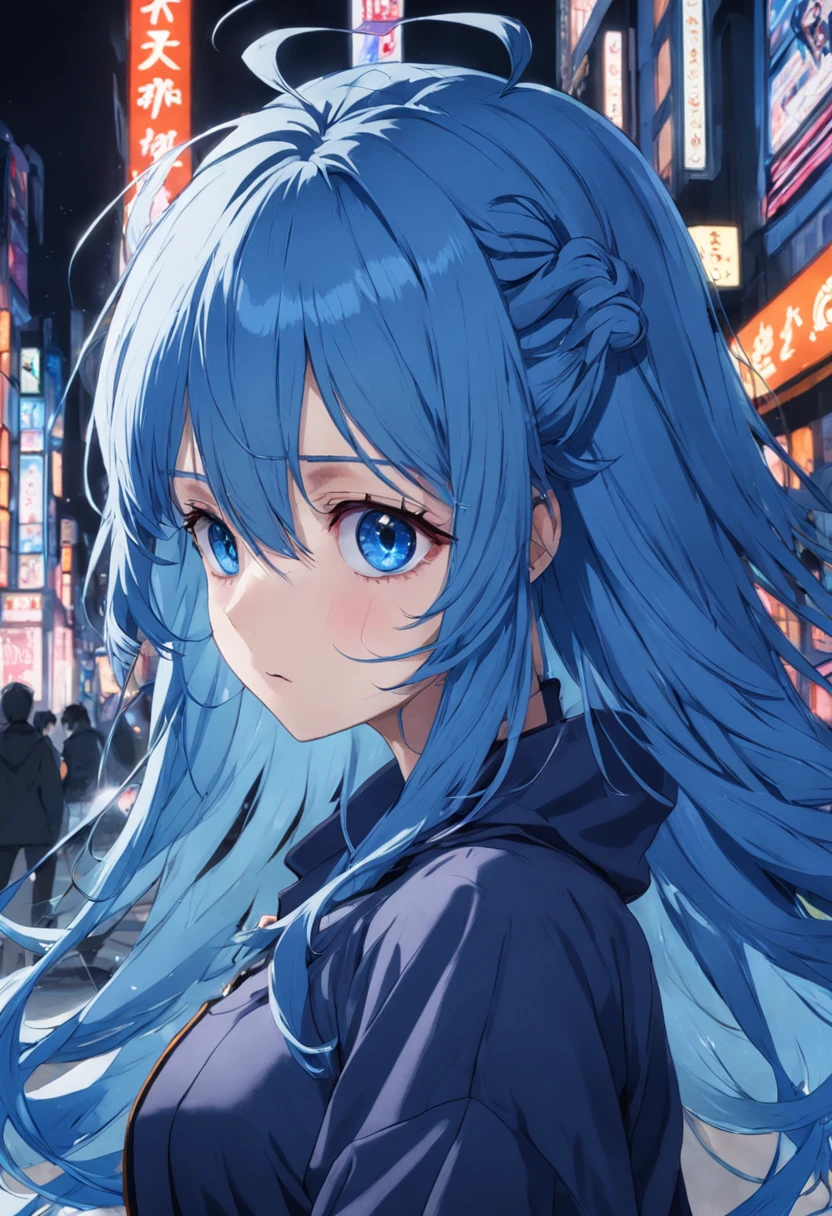 Blue-haired、blue eyes。