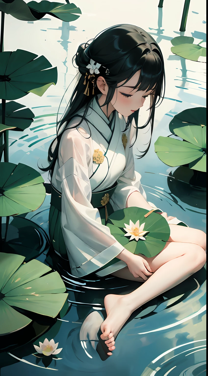 A pond full of lotus, a little girl sitting on the lotus leaves of the pond, happily,huge lotus leaves, barefoot, dressed in white and green hanfu, light and shadow, a masterpiece